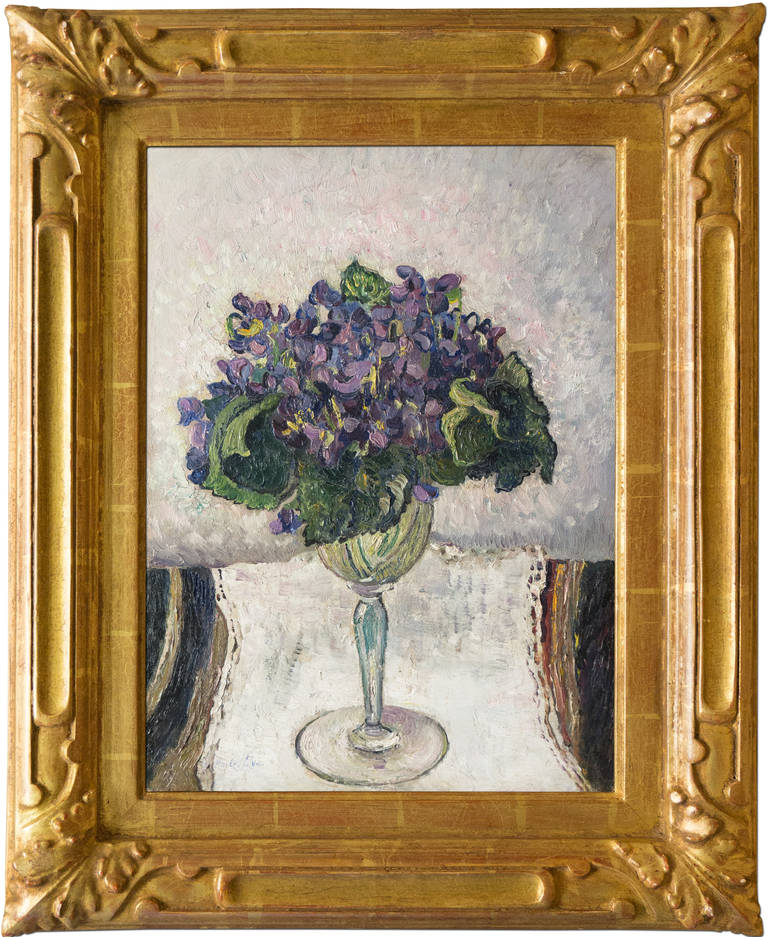 Violets in a Wine Glass - Painting by Richard Hayley Lever