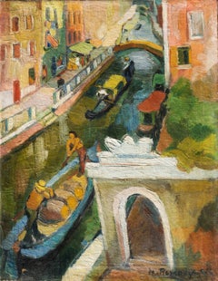 Vintage 'Venetian Canal', Woman Artist, Venice, Italy, Post-Impressionist Oil