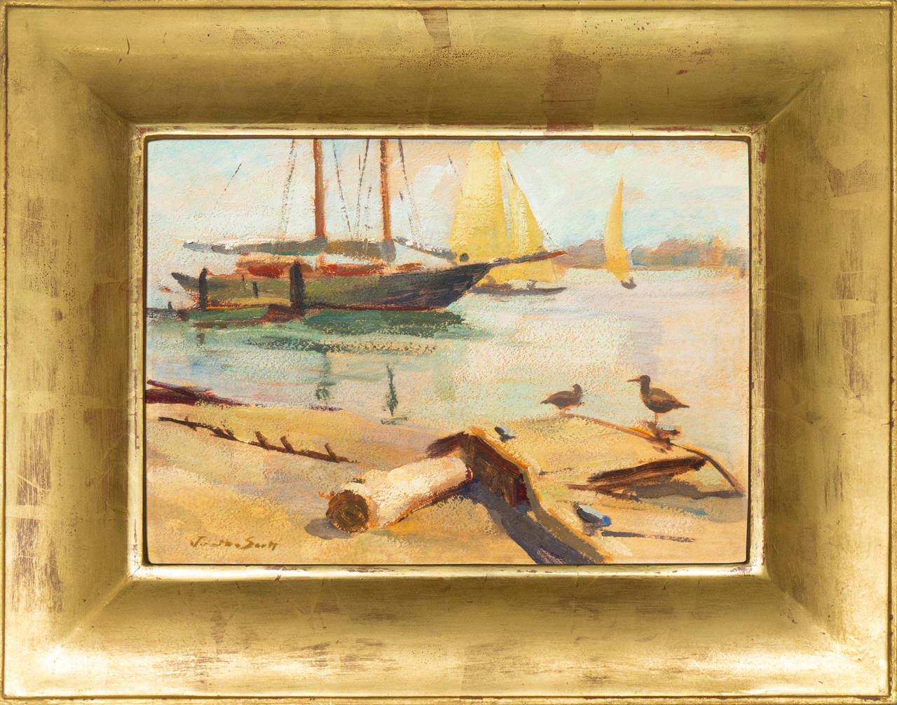 Landscape Painting di Jonathan Scott - Nebbia del porto", Pasadena Art Museum, California, olio post-impressionista