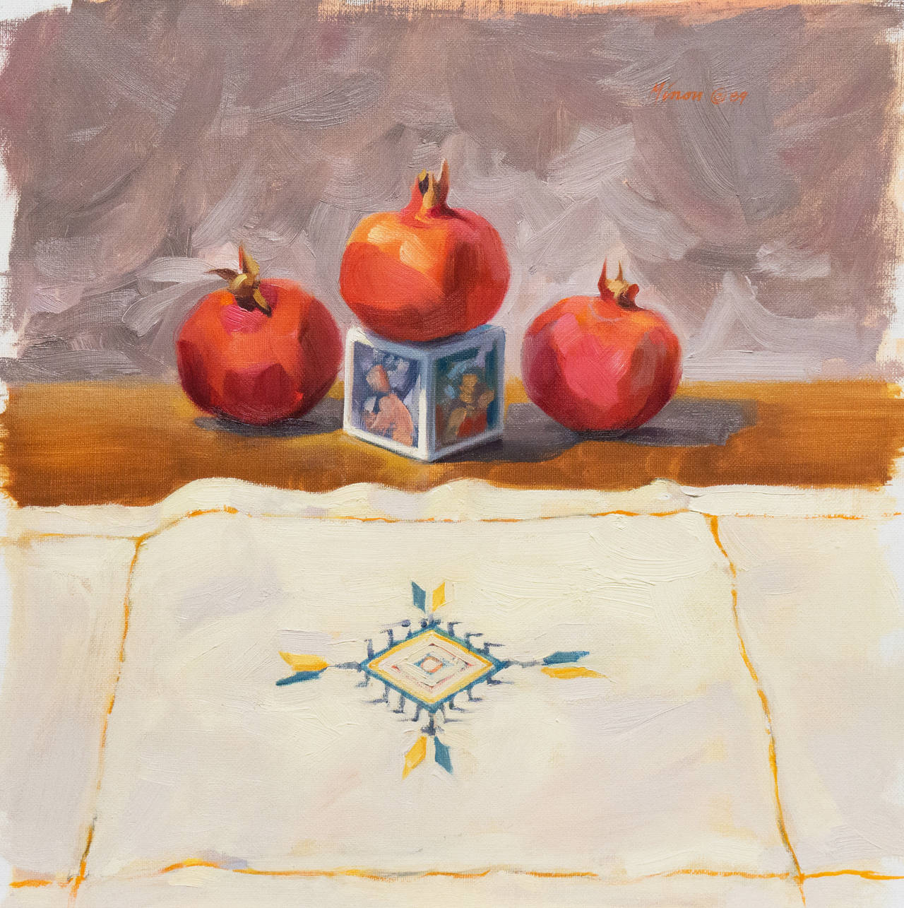 Carole Minou Still-Life Painting - 'Still Life with Pomegranates', California woman artist, Carmel Art Association
