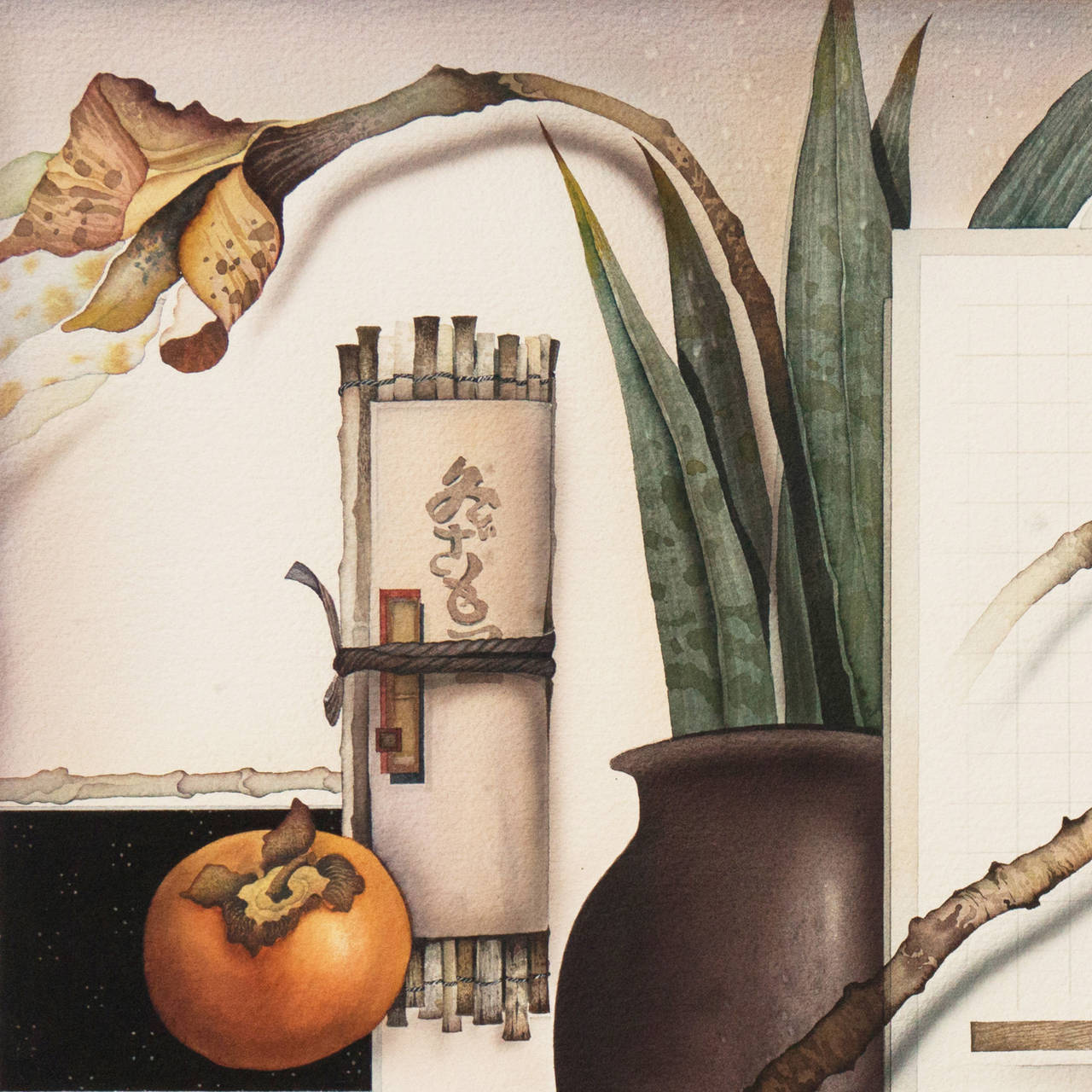 „Stillleben mit Orchideen und Persimmon“, California School of Fine Arts (Beige), Interior Art, von Kevin Elston