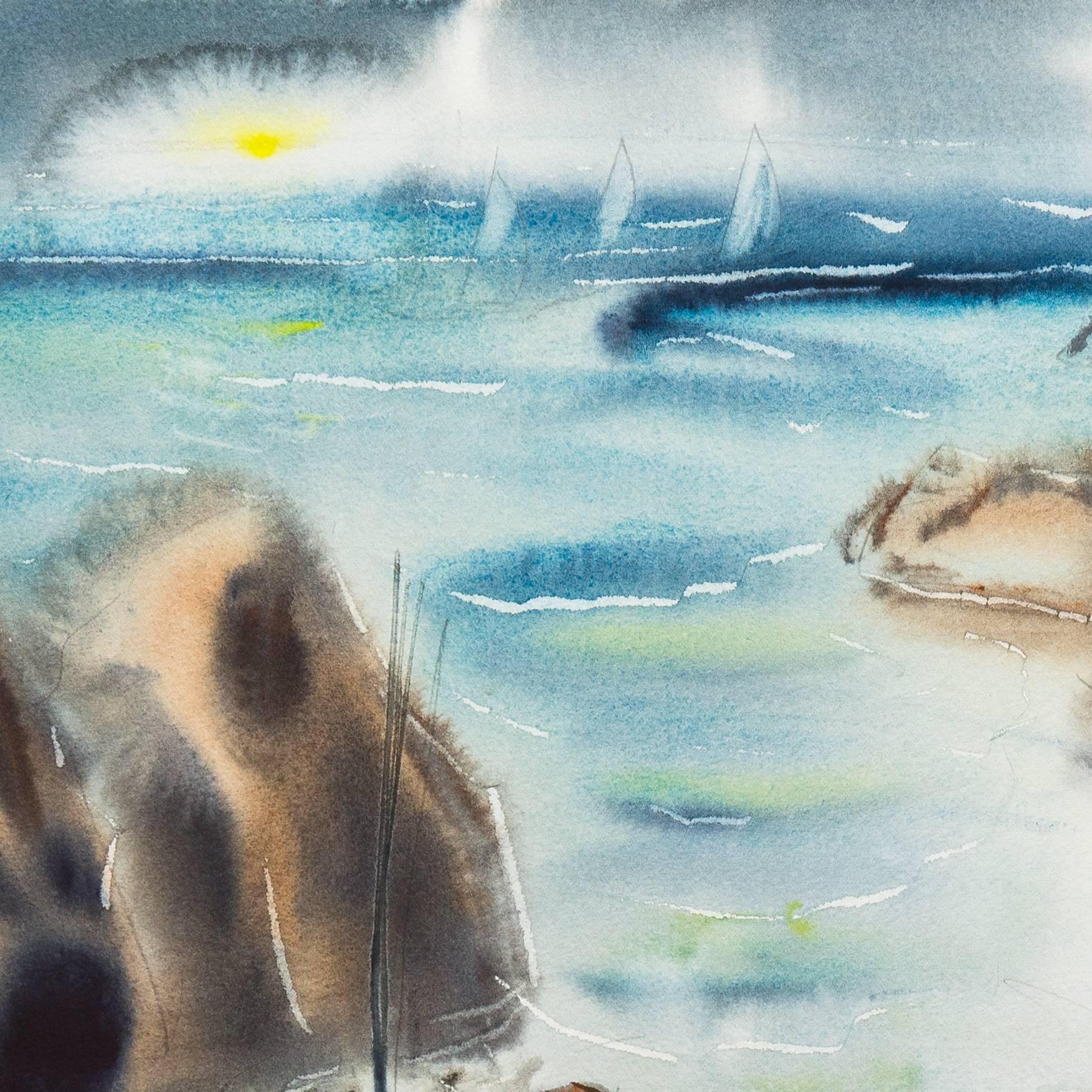 
A bright Modernist watercolor showing a view of a secluded cove on the California coast with figures on the beach and pleasure craft on the water beneath the last of the setting sun. Signed lower right 