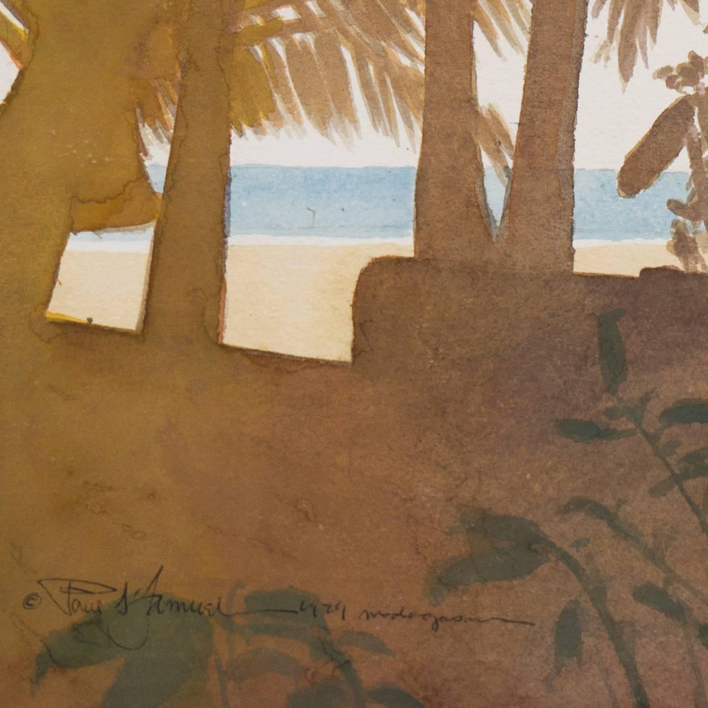 Une aquarelle élégante et atmosphérique montrant une veste en lin à rayures colorées séchant dans la brise avec une vue à travers un peuplement de palmiers vers une plage tropicale idyllique et l'océan Indien au-delà.

Signé en bas à gauche, 