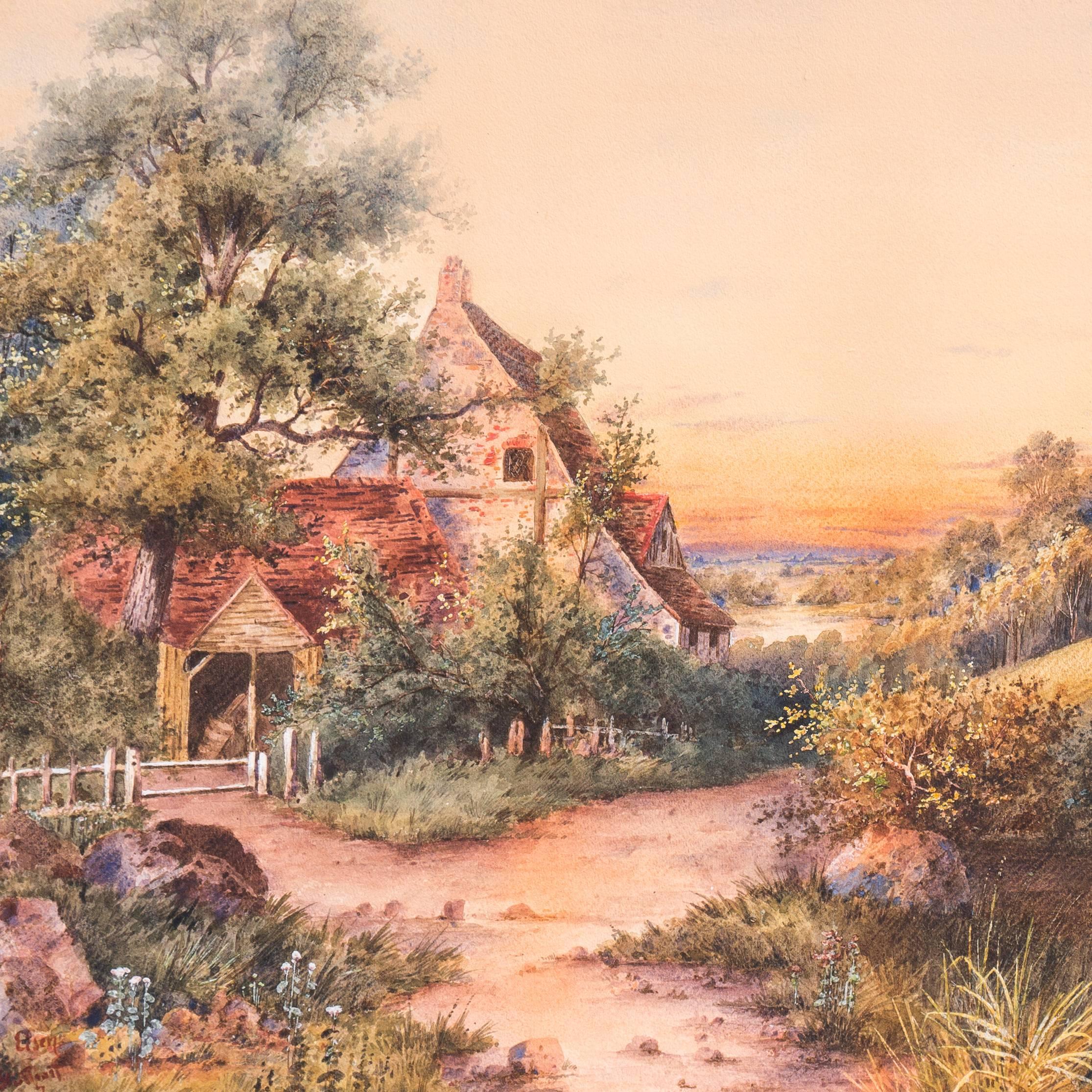 'Sunset Landscape with Cottage', Large 19th c. American Watercolor - Art by W.C.Eisen