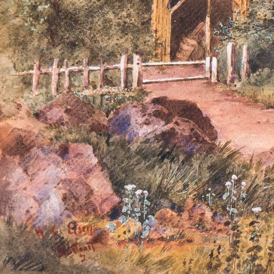 Paysage ancien et substantiel montrant une vue d'un chalet rustique pittoresque situé à côté d'un étang à la fin du coucher du soleil. Une aquarelle inhabituellement grande et atmosphérique avec des détails exceptionnellement fins dans toutes les