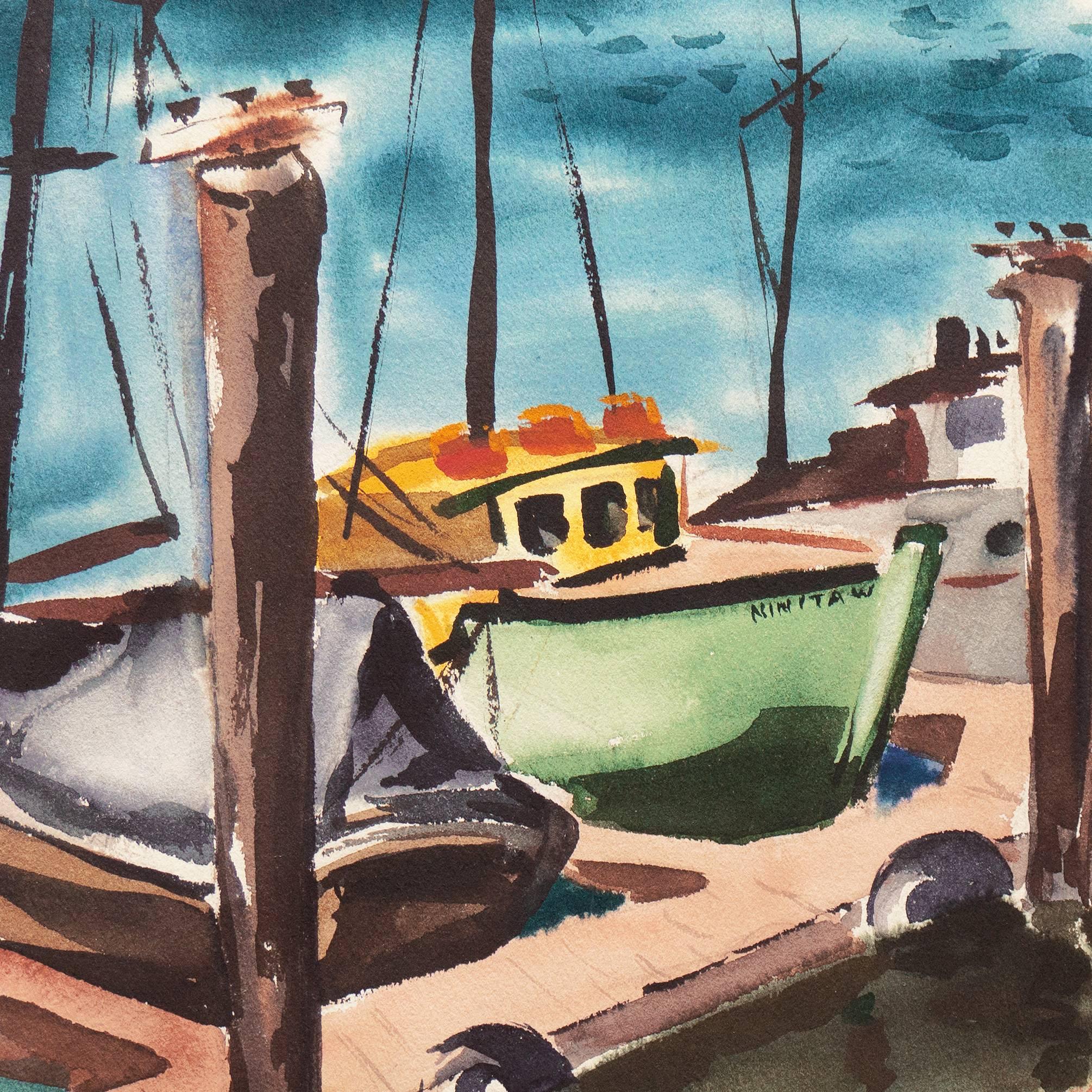  Modernist Watercolor of Monterey Dock, 'Afternoon at Decker's'  Woman Artist  - Gray Landscape Art by Muriel Backman