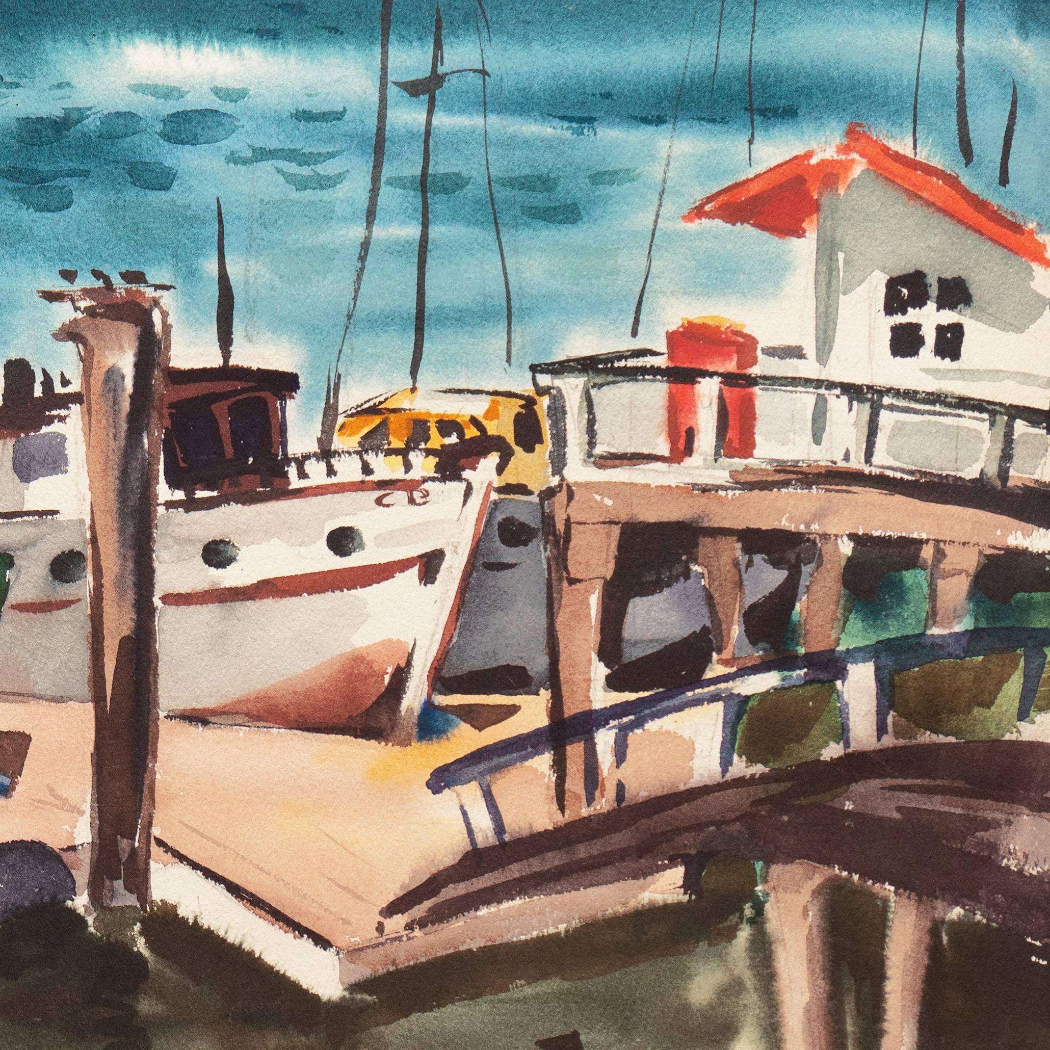 A moody Monterey seascape showing a view of an old dock from a waterfront bar popular with local fishermen during the 1950's through the 1970's. Painted by this notable California Modernist who exhibited widely and with success from the 1930's