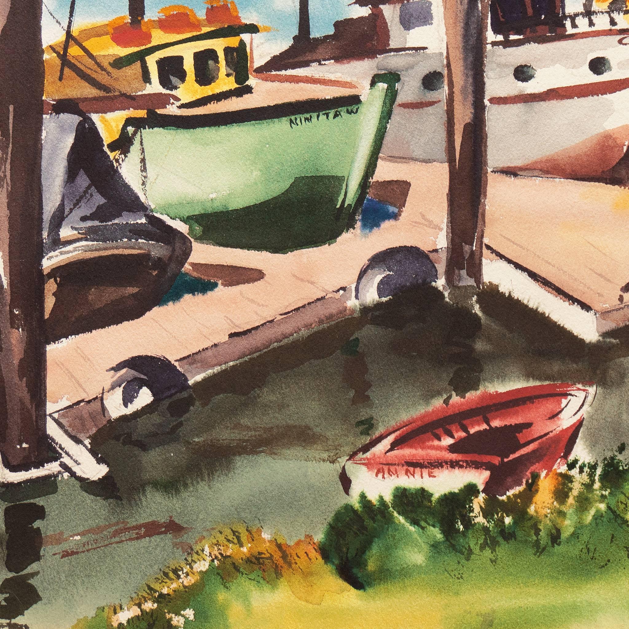  Modernist Watercolor of Monterey Dock, 'Afternoon at Decker's'  Woman Artist  1