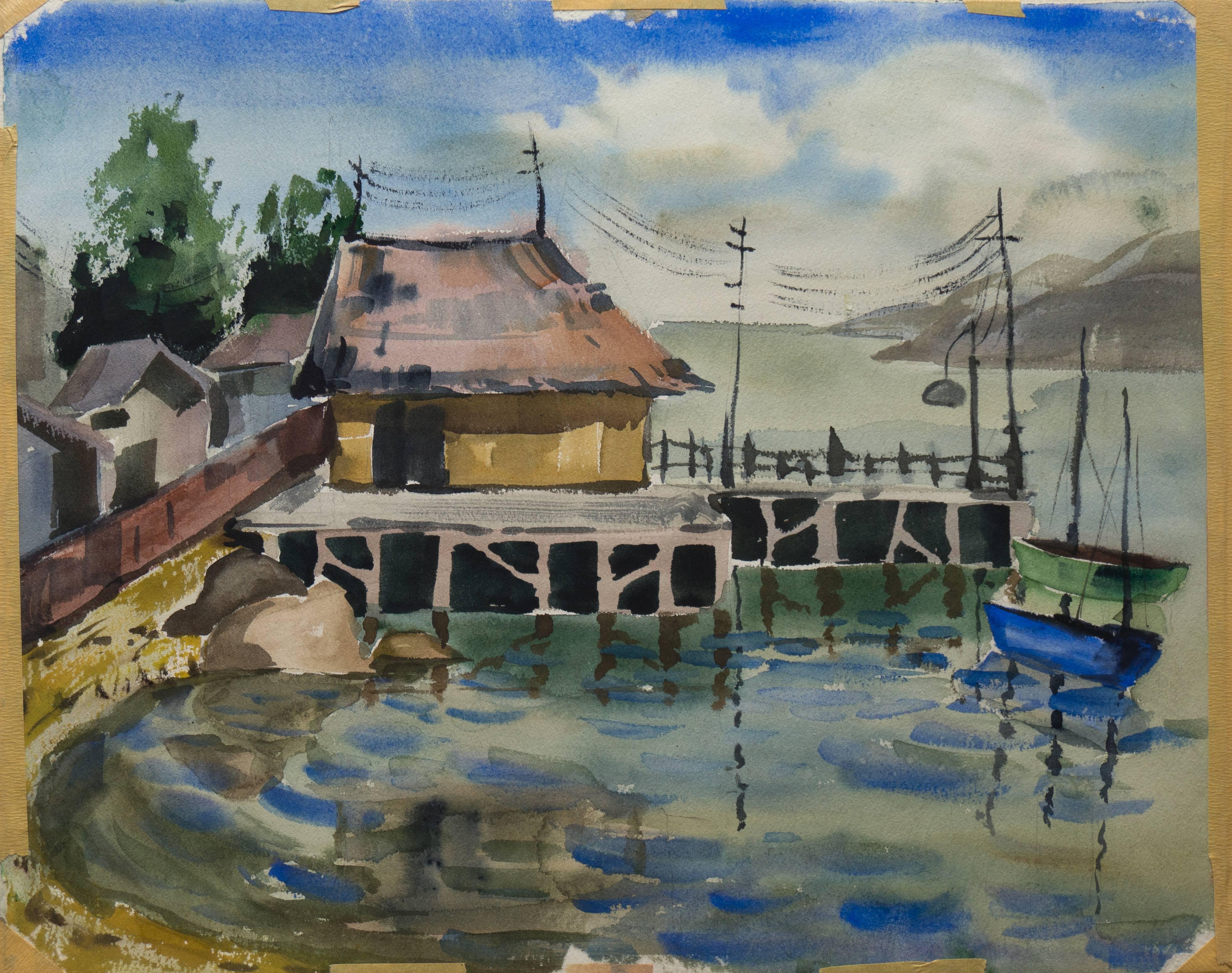  Modernist Watercolor of Monterey Dock, 'Afternoon at Decker's'  Woman Artist  3