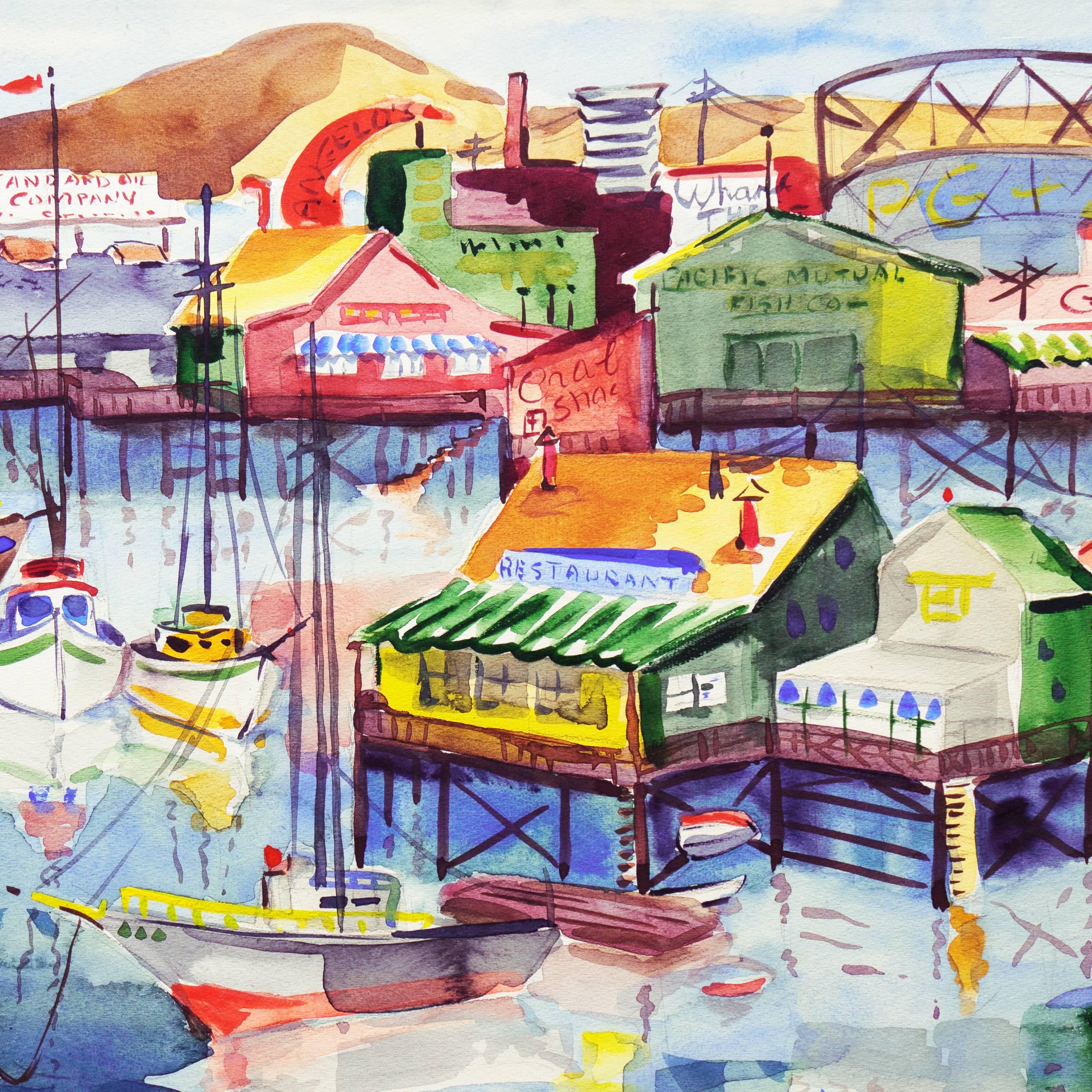 „Fisherman's Wharf, Monterey“, modernistischer kalifornischer Künstler, Crocker Art Museum (Grau), Landscape Art, von Muriel Backman