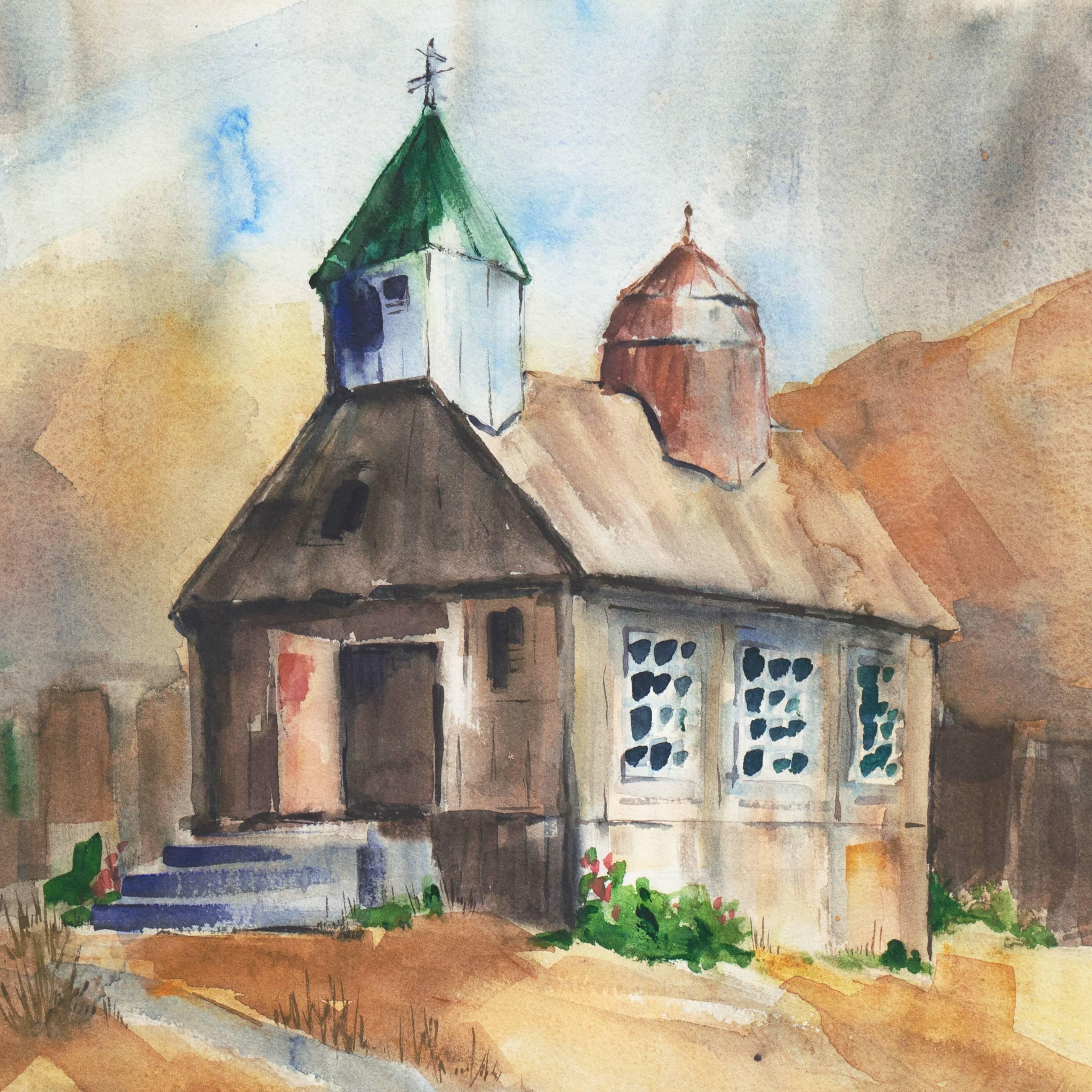Avamposto grigio, Fort Ross, California', Donna artista, veduta del parco modernista - Art di Muriel Backman