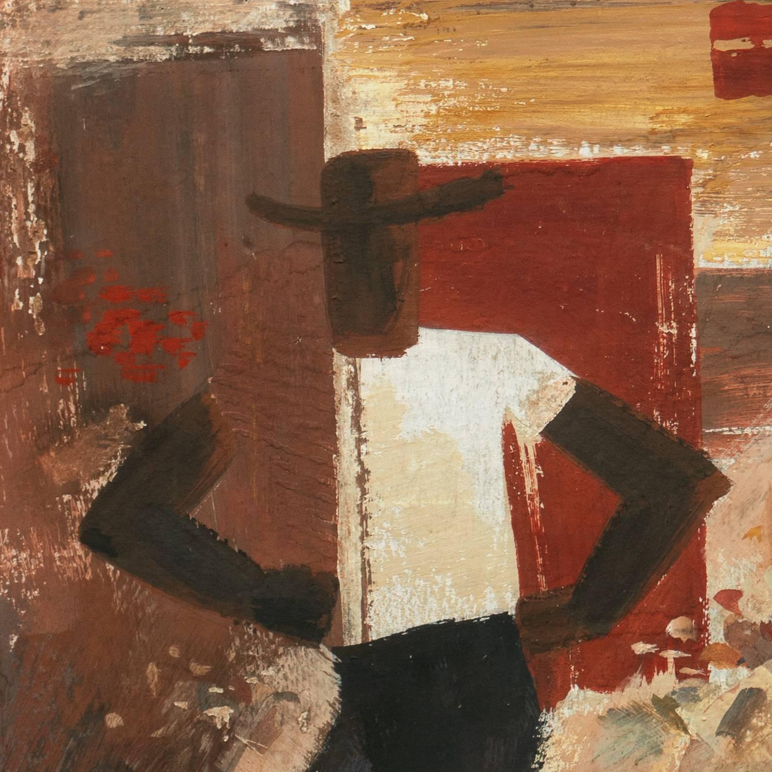 Cubist gouache figural of a man wearing a sombrero and boots contrasted against a scumbled and dry-brush background of ochre, deep crimson red and umber.

Signed lower left, 