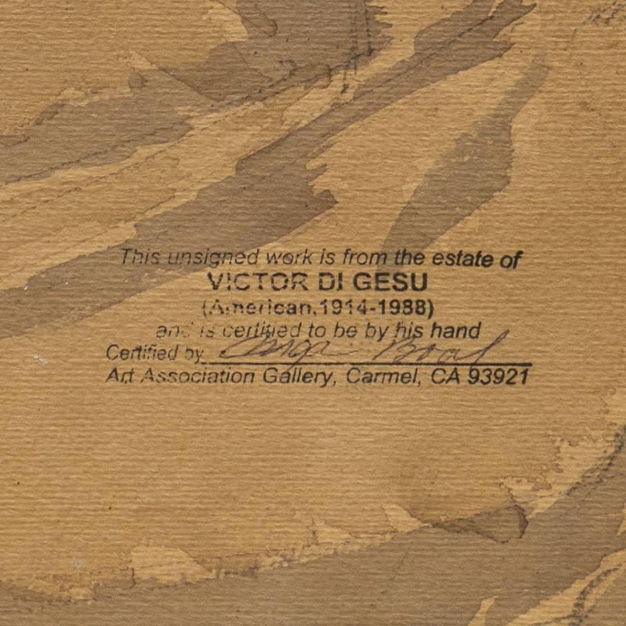 Estate stamp, verso, for Victor Di Gesu (American, 1914-1988) and painted circa 1955.

Winner of the Prix Othon Friesz, Victor di Gesu first attended the Los Angeles Art Center and the Chouinard Art School before moving to Paris where he studied