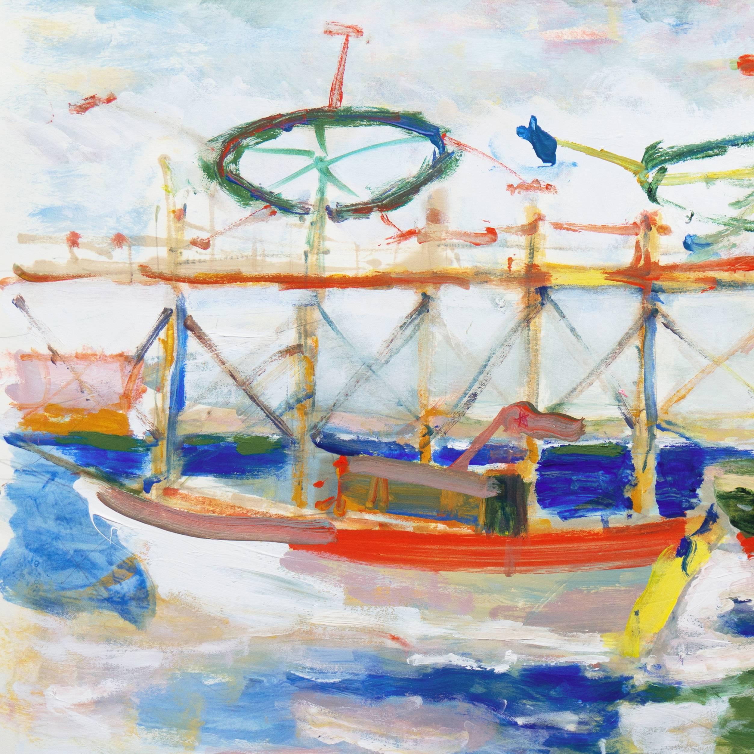 'Boardwalk Boats', California Expressionist Oil, Monterey, Stanford, Carmel  - Painting by Robert Canete