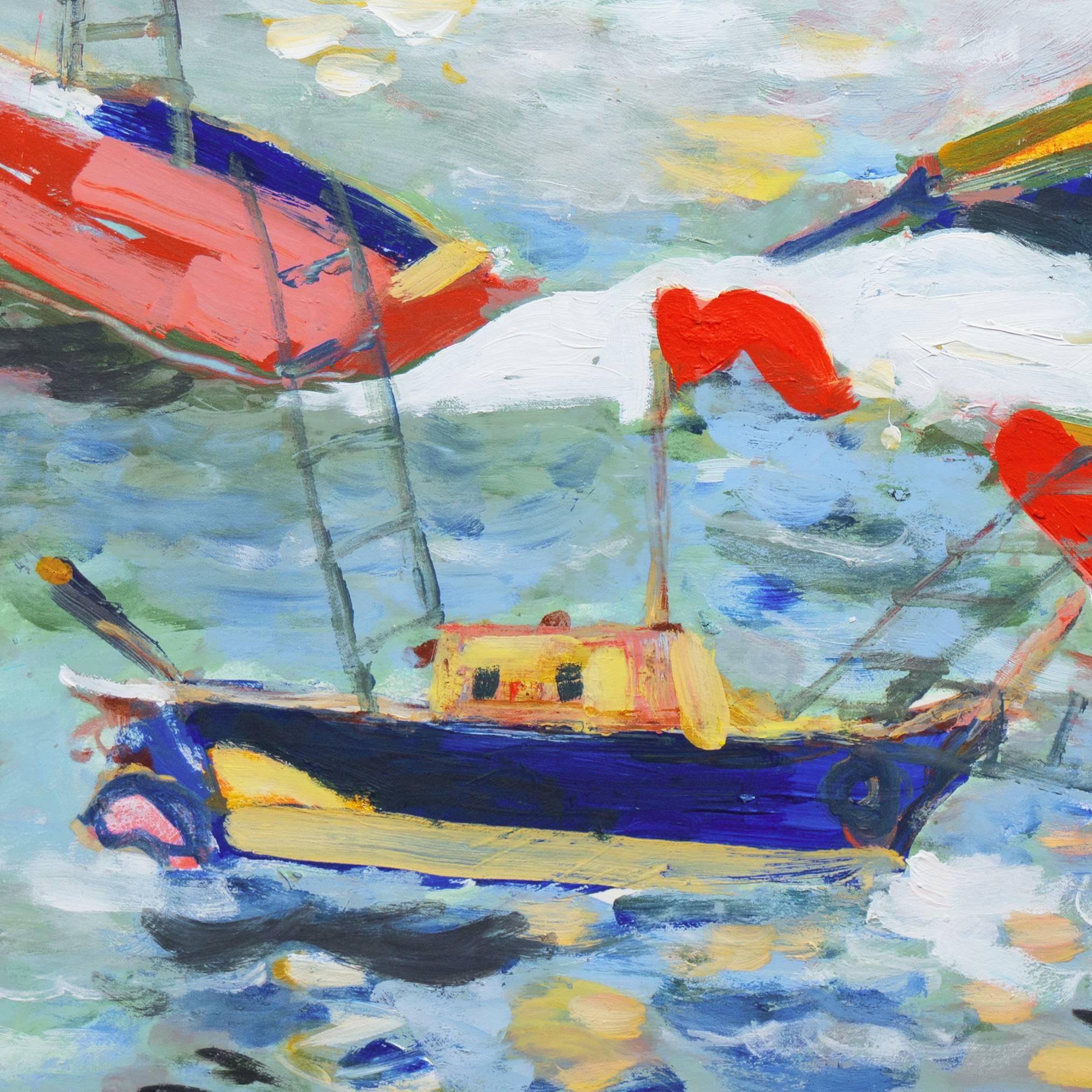 Bateaux de pêche au large de Monterey, Carmel, Californie Paysage marin expressionniste, Big Sur - Painting de Robert Canete