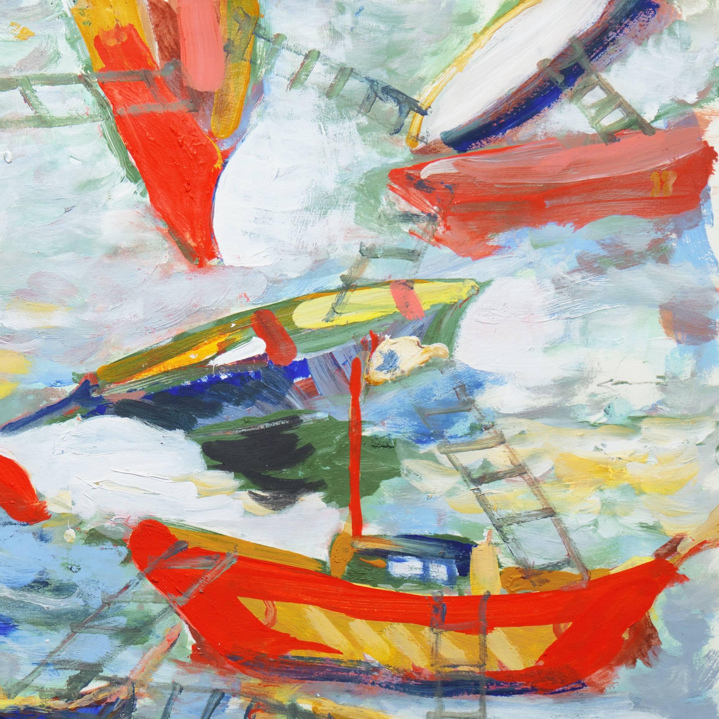 Bateaux de pêche au large de Monterey, Carmel, Californie Paysage marin expressionniste, Big Sur - Gris Landscape Painting par Robert Canete