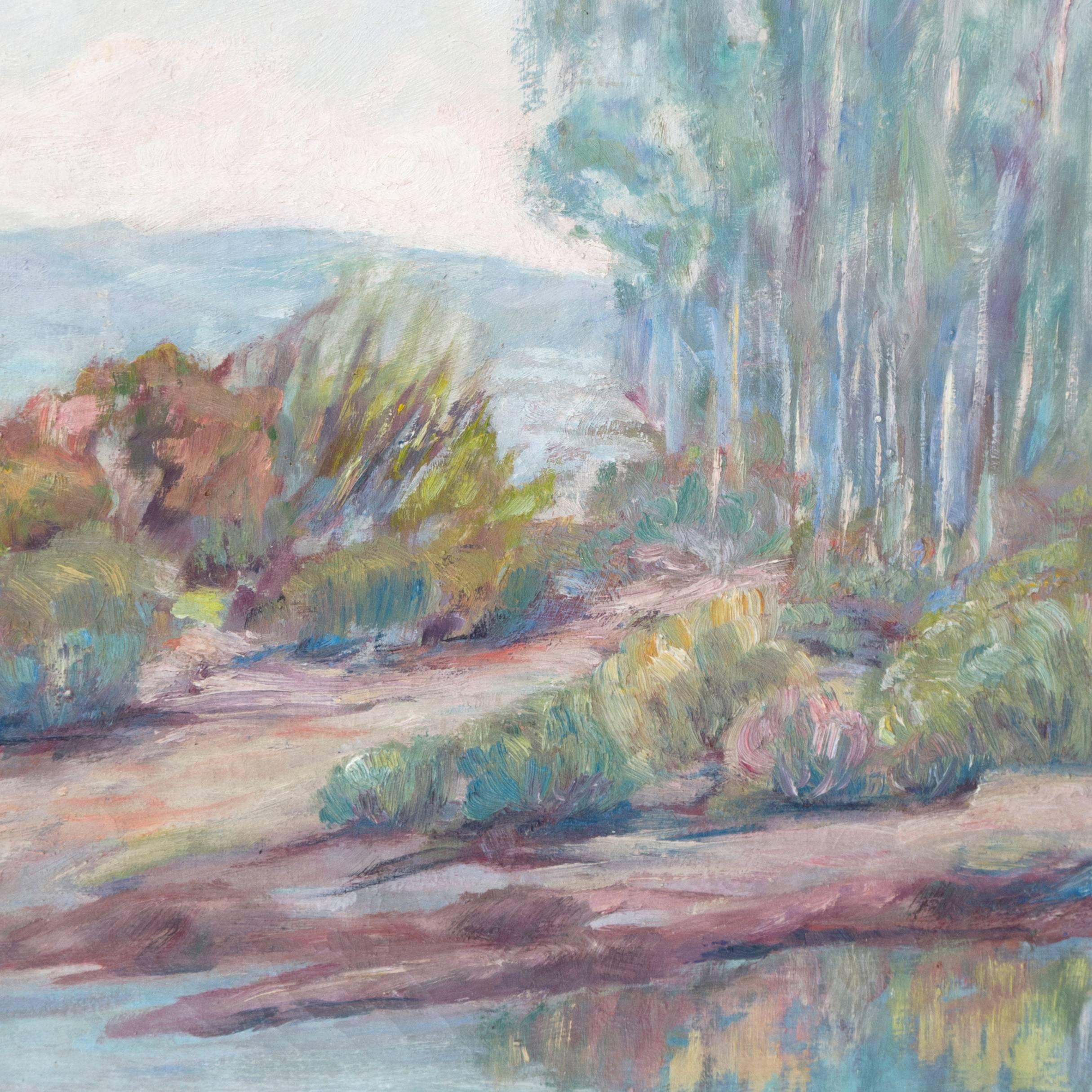 „River Landscape“, amerikanischer Impressionist, Carmel Art Association, Plein Air (Amerikanischer Impressionismus), Painting, von Mae Hill Gilbert