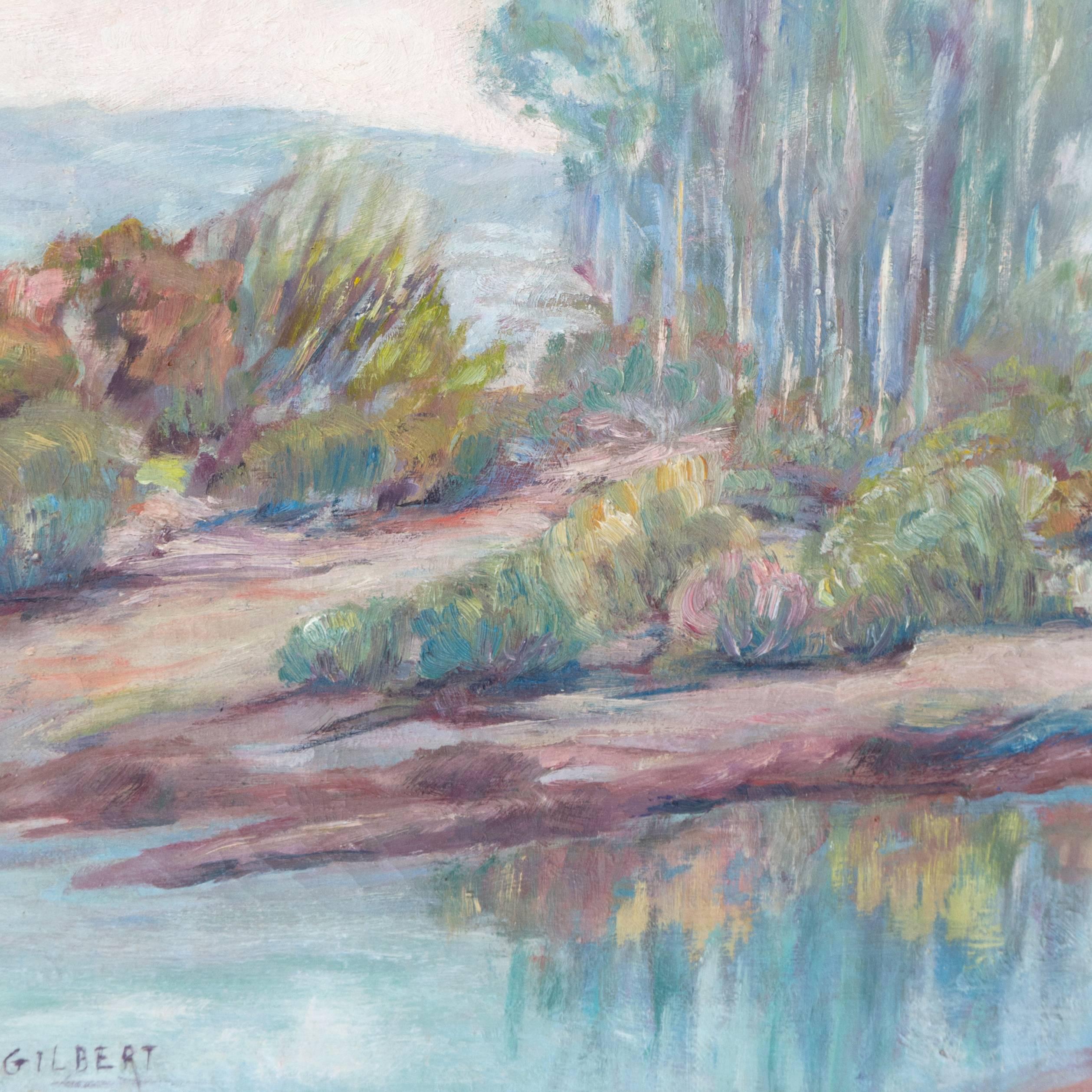 „River Landscape“, amerikanischer Impressionist, Carmel Art Association, Plein Air (Grau), Landscape Painting, von Mae Hill Gilbert