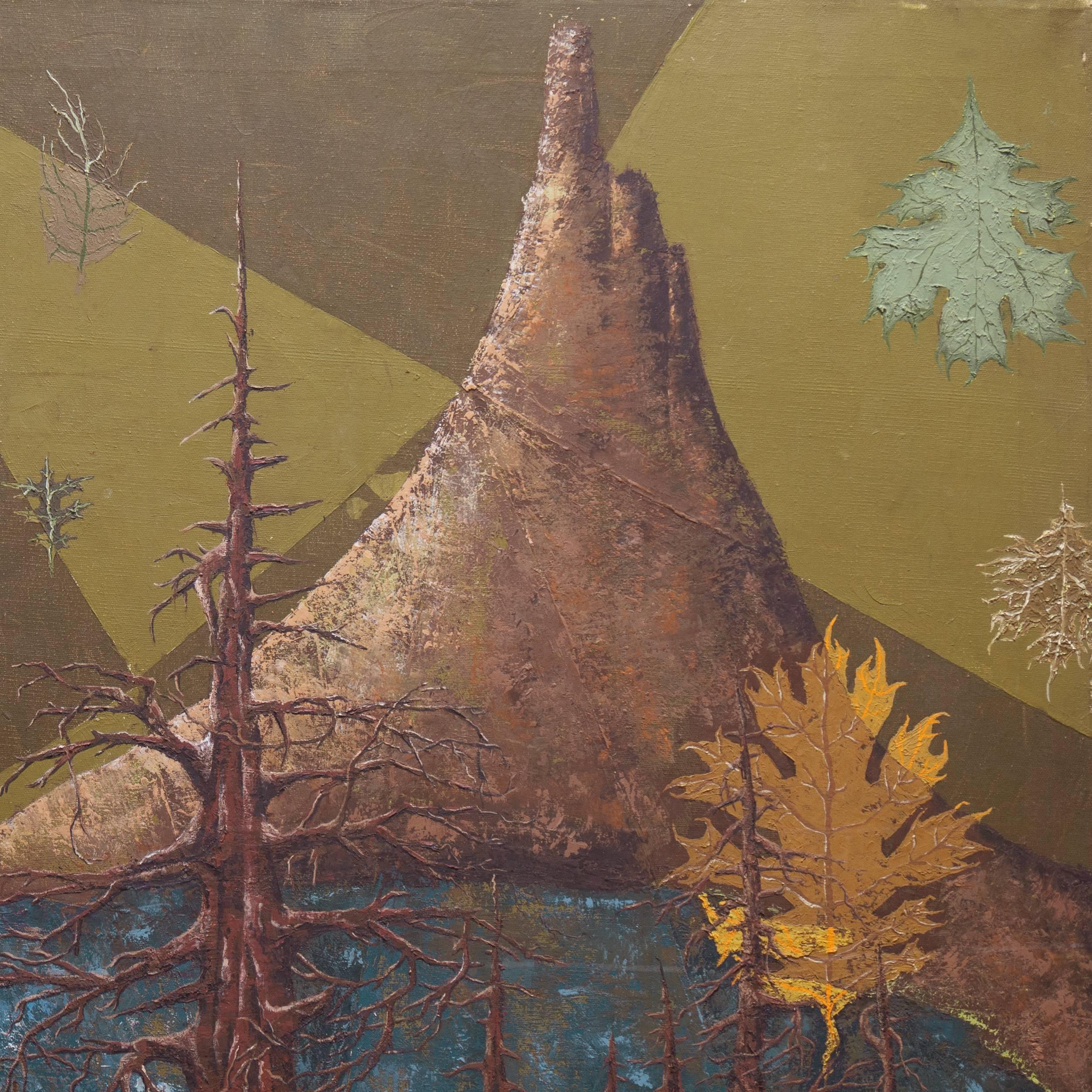 Surreale Bergsee-Landschaft, fallende Herbstblätter – Painting von O. Connor