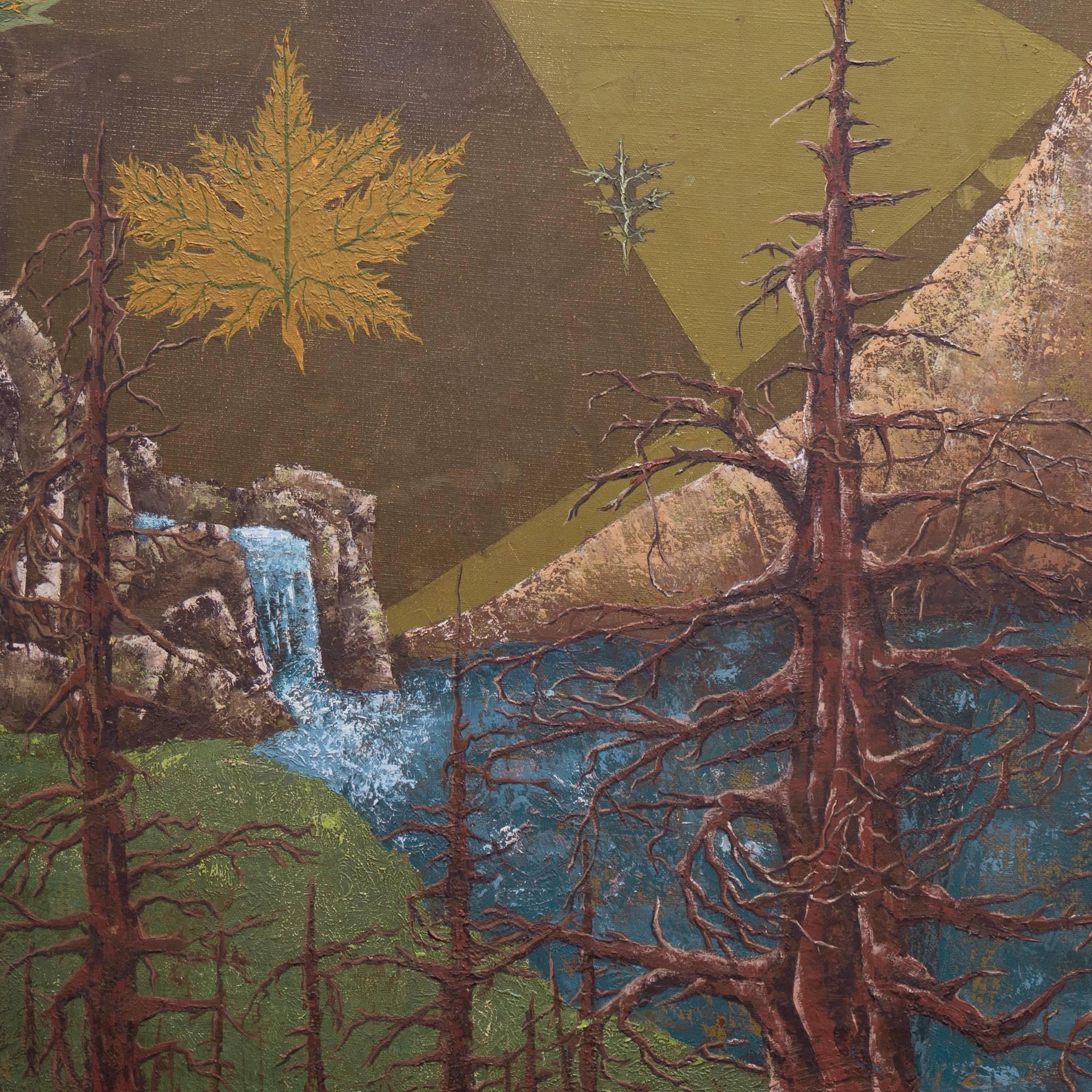 Surreal Mountain Lake Landscape, Falling Autumn Leaves - Surrealist Painting by O. Connor