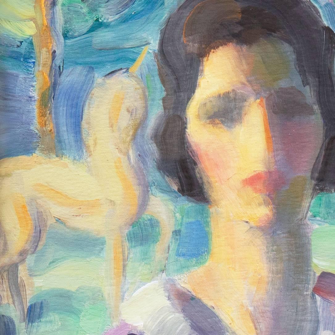 'Artist Self Portrait with Unicorn and Fawn', California Transcendentalist Woman - Modern Painting by Mabel Alvarez