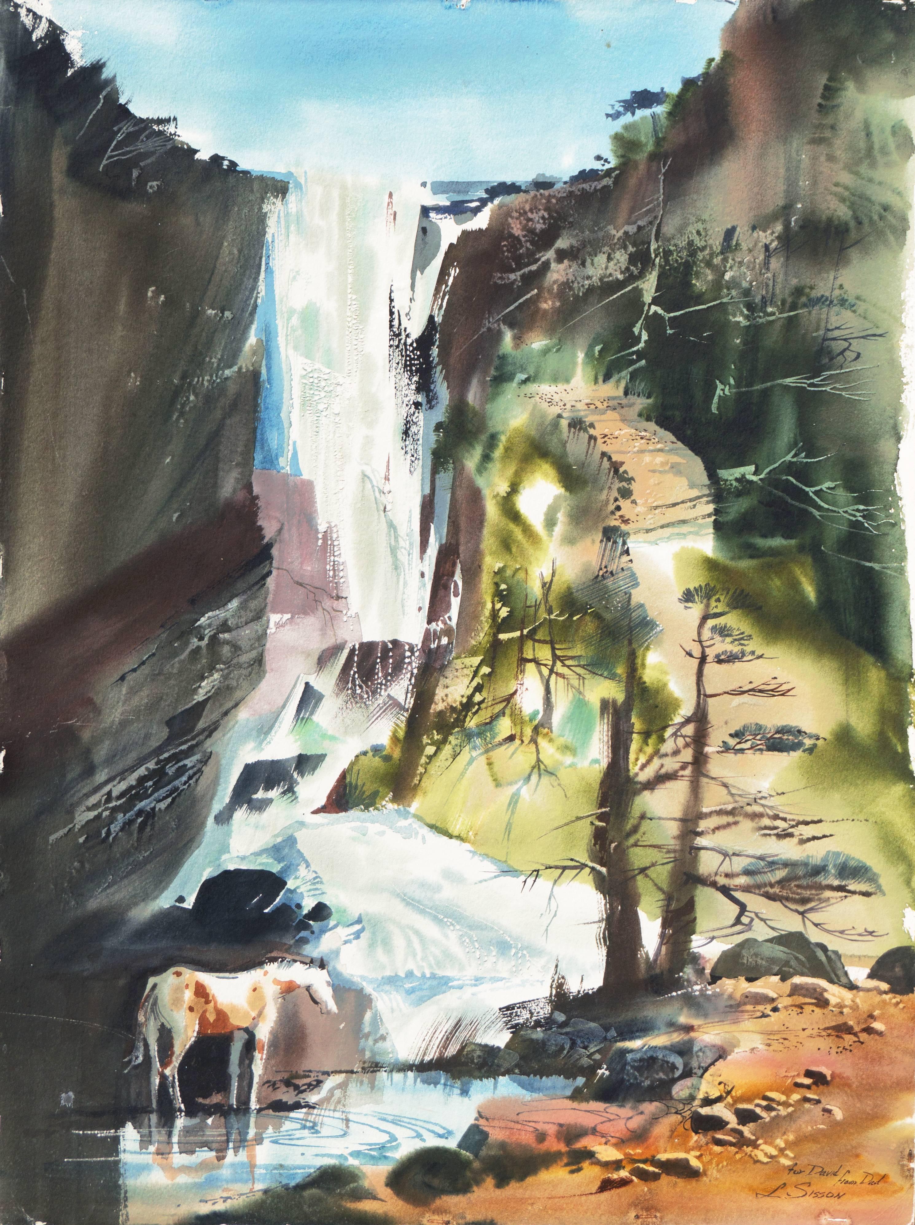 'Pony Drinking Beneath a Waterfall', American Watercolor Society, Maine