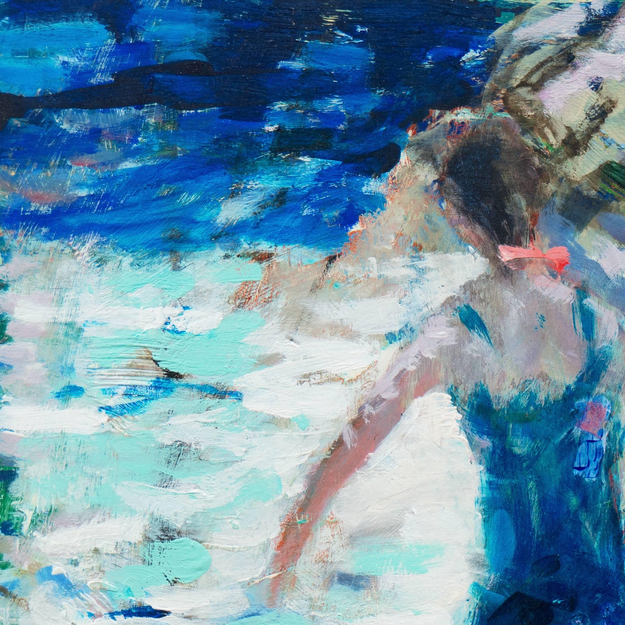 „Junge Jungfrau beim Baden, Carmel“, kalifornische Postimpressionistin, Stanford, Big Sur (Blau), Landscape Painting, von Robert Canete
