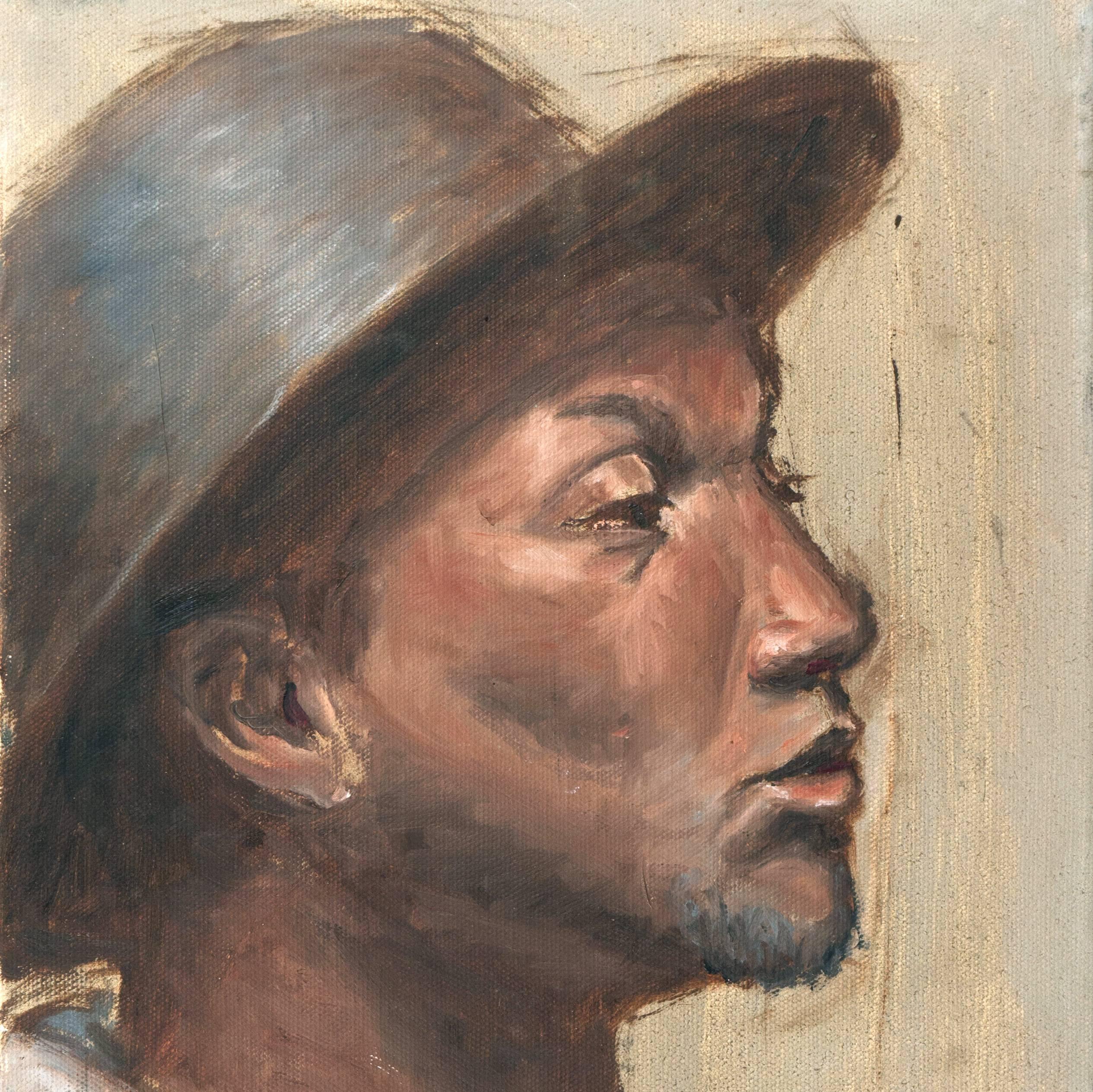'Young Man in a Hat', Figural Portrait - Impressionist Painting by Unknown