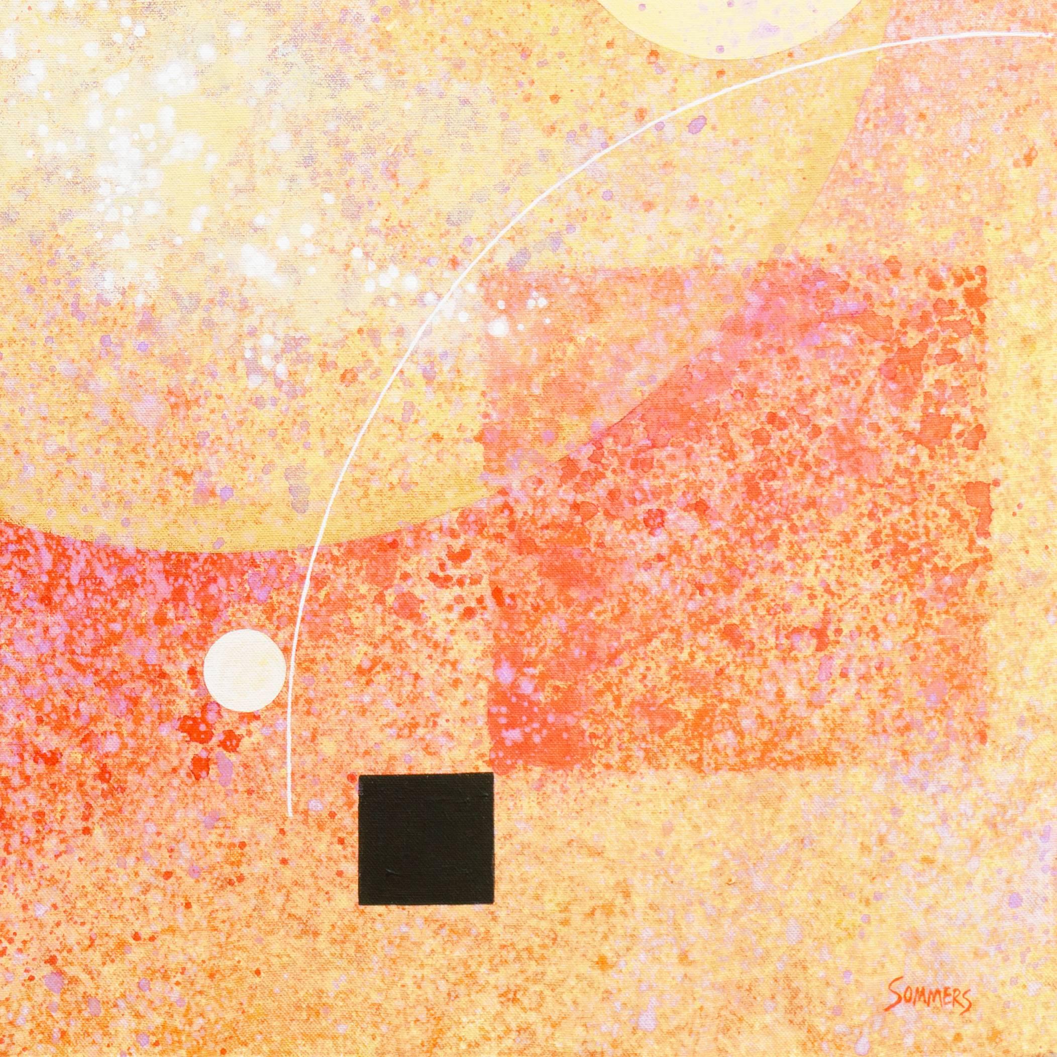 Ein substanzielles abstraktes Ölgemälde mit sich überlappenden Quadraten und Kreisen in gespachtelten Karmin-, Ocker-, Creme-, Elfenbein- und Schwarztönen, akzentuiert durch geschwungene lineare Elemente.

Wird John Franklin Sommers zugeschrieben.
