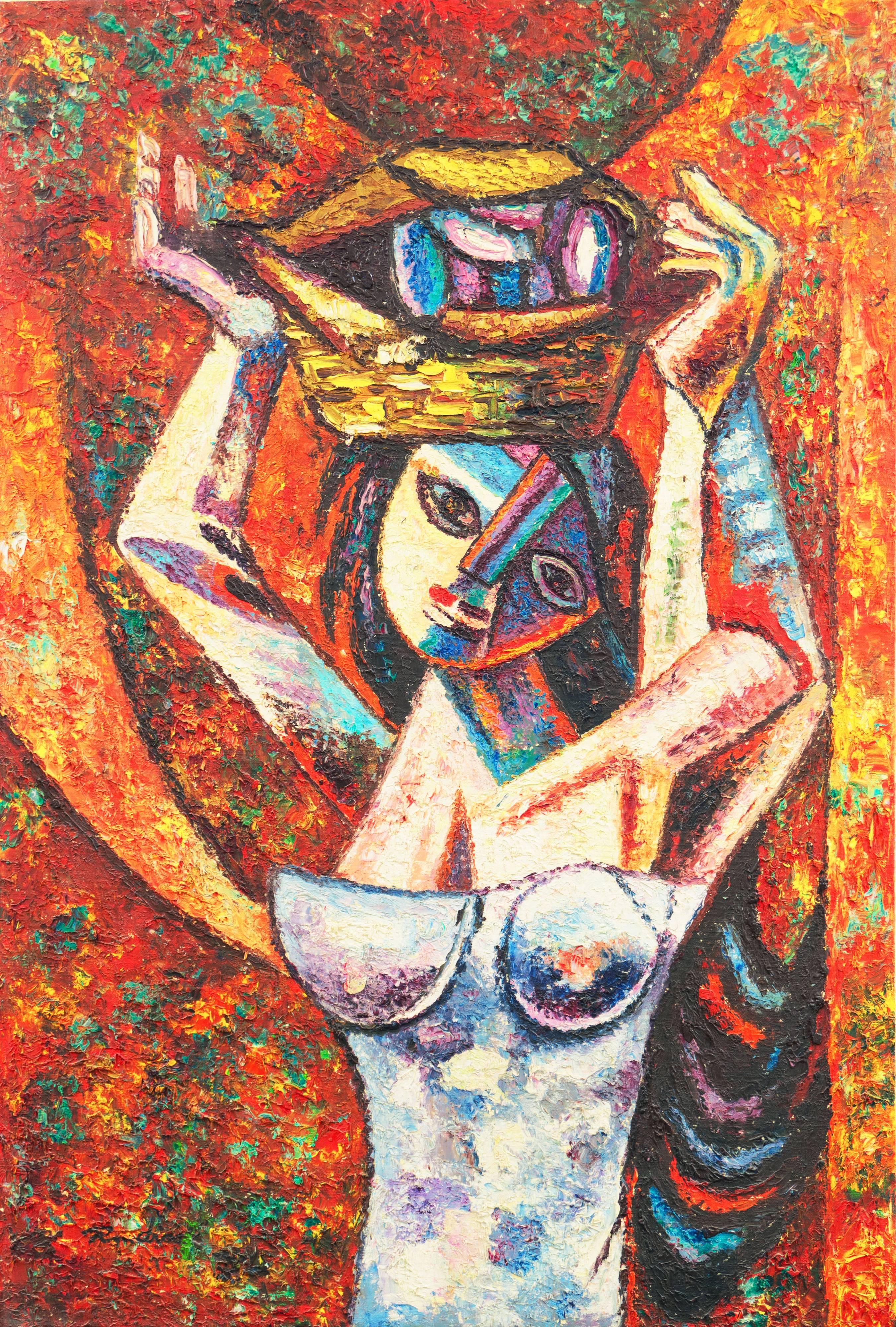 Unknown Figurative Painting - 'Mango Seller', Expressionist Figural oil