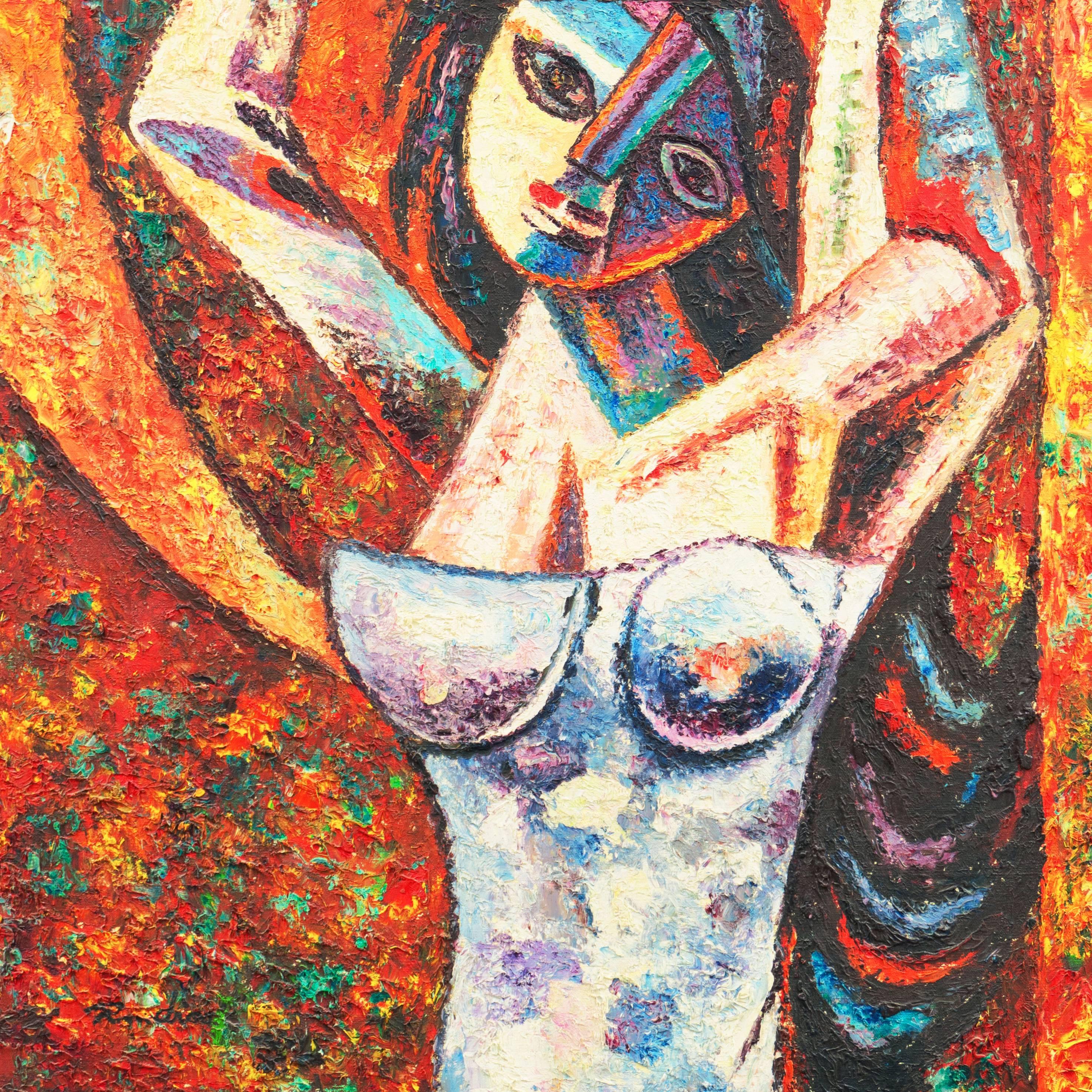 'Mango Seller', Expressionist Figural oil - Orange Figurative Painting by Unknown