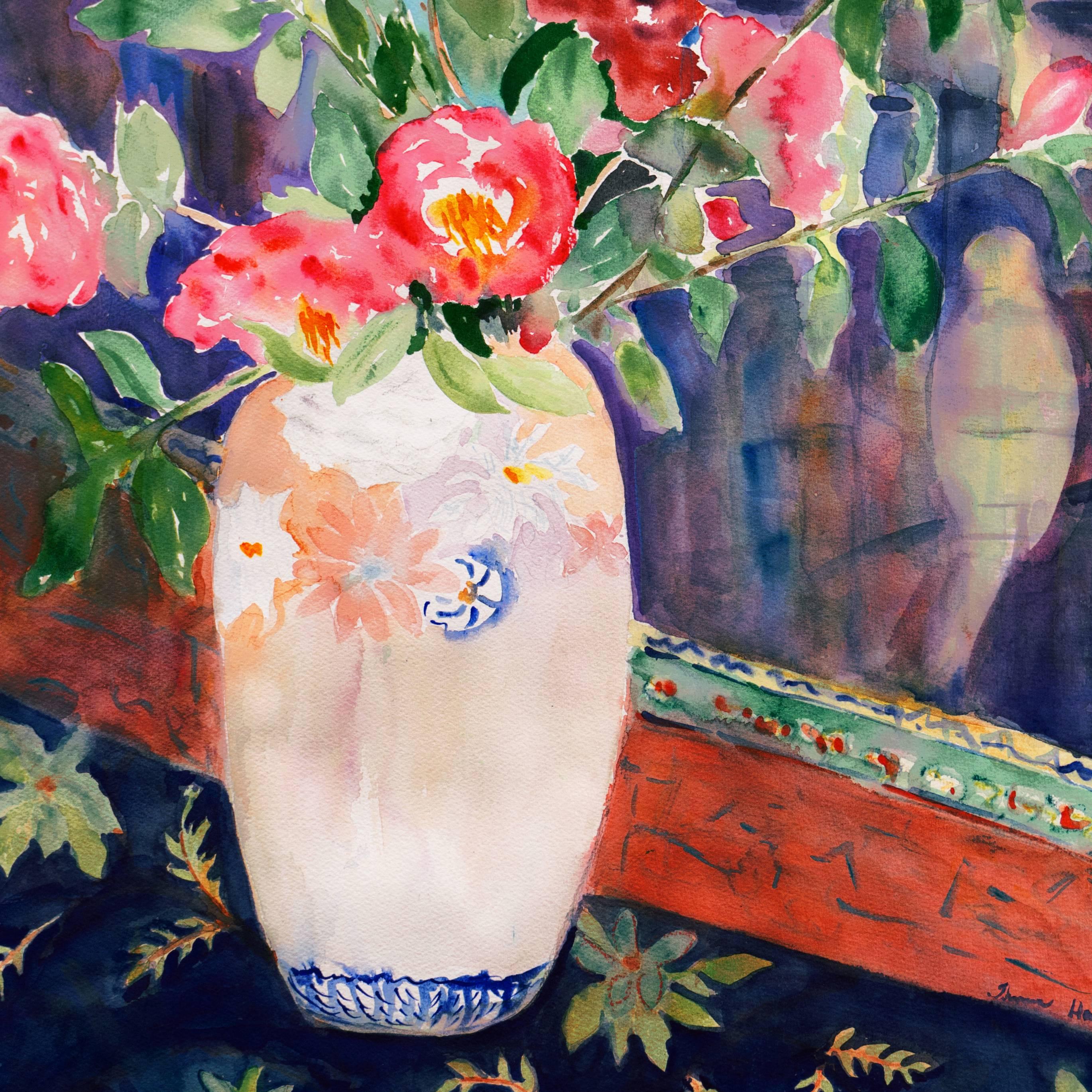 „og-Rosen in einer Satsuma-Vase“, japanische dekorative Kunst, Lackspiegel (Post-Impressionismus), Art, von Thomas Haight