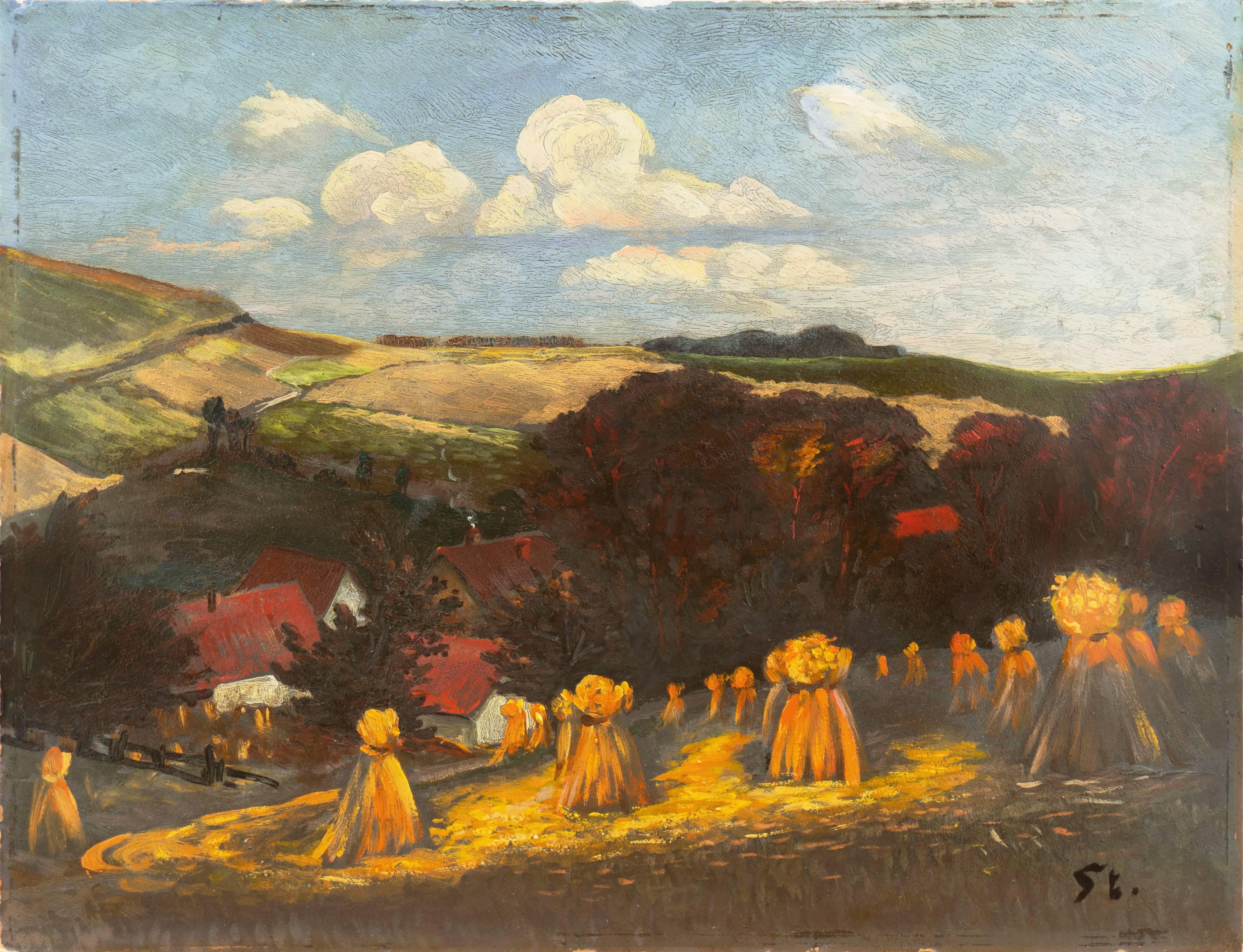 Unknown Landscape Painting - 'Harvest Time, Evening', Post-Impressionist German Country Landscape, Haystacks