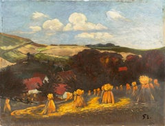 'Harvest Time, Evening', Post-Impressionist German Country Landscape, Haystacks