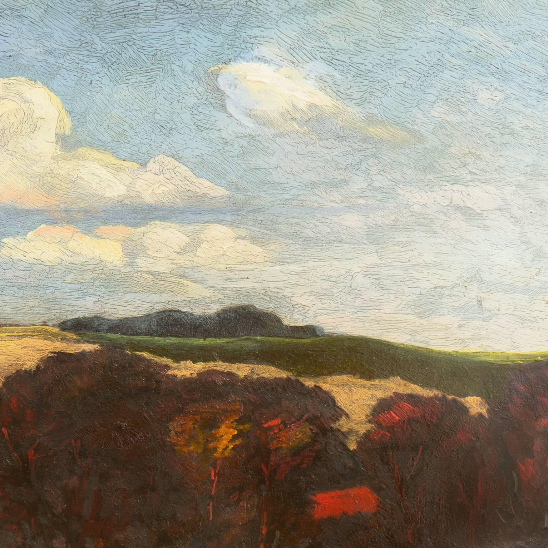 'Harvest Time, Evening', Post-Impressionist German Country Landscape, Haystacks - Brown Landscape Painting by Unknown