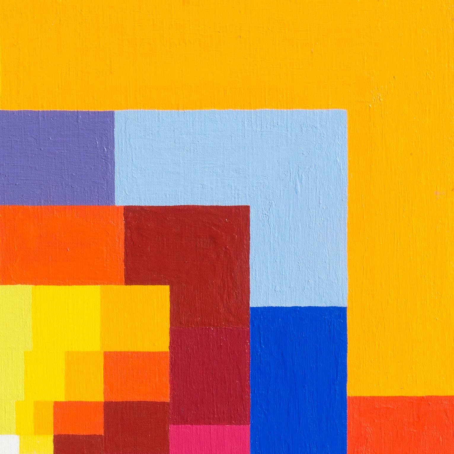 Ein bedeutendes abstraktes Ölgemälde der Amerikanischen Schule mit konzentrischen rechteckigen Formen in einer Palette von Primär- und Sekundärfarben, die sich in geometrischer Harmonie zu einem elfenbeinfarbenen Zentrum entwickeln.  

Unsigniert