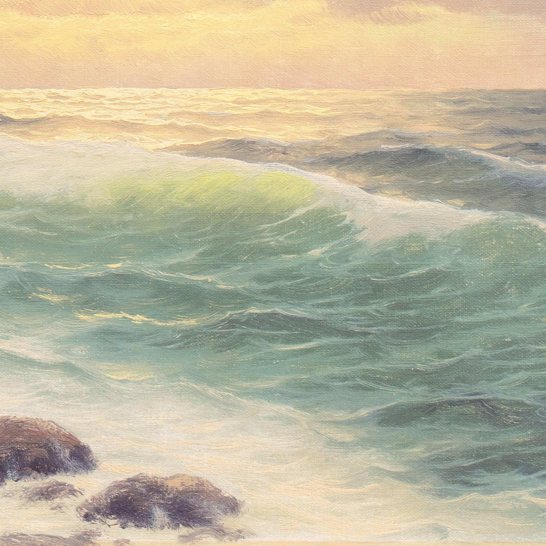 « Pacific Breakers at Sunset », huile de la côte du milieu du siècle dernier en vente 1