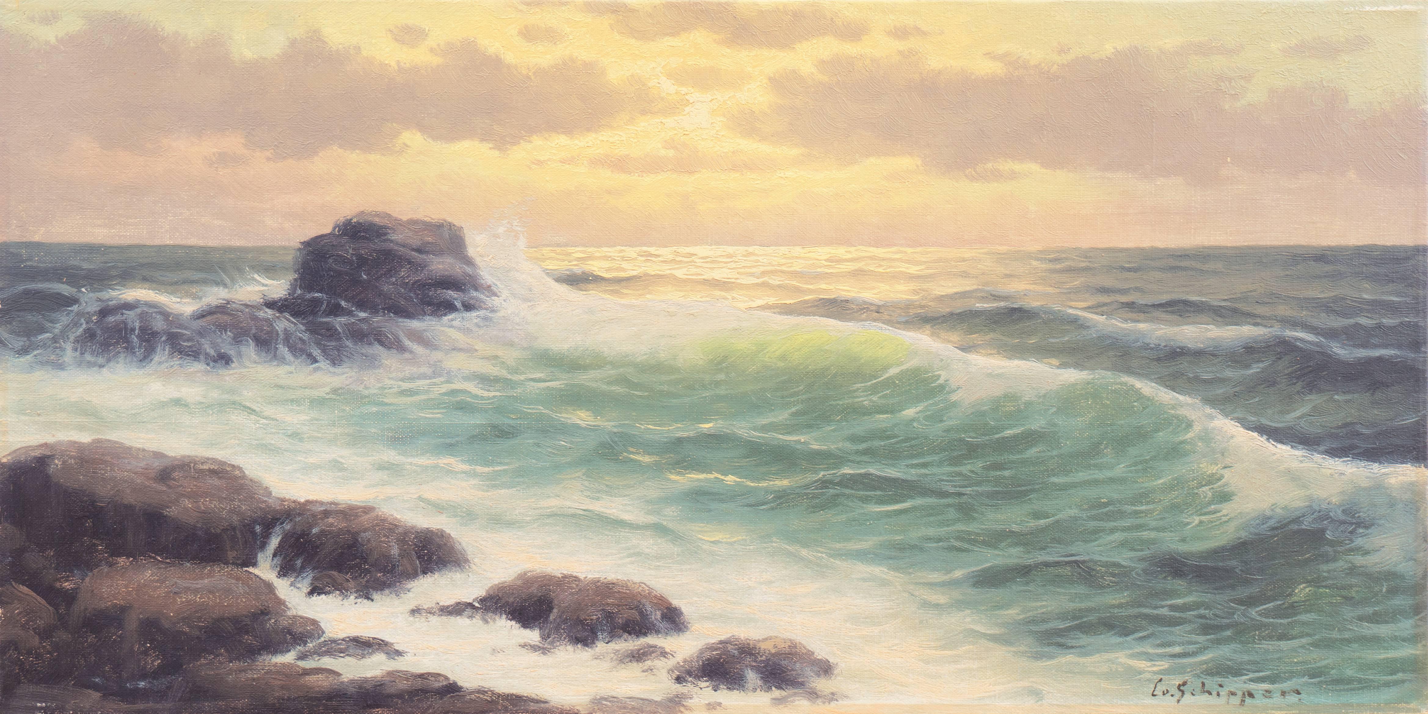 Landscape Painting Cornelius Schipper - « Pacific Breakers at Sunset », huile de la côte du milieu du siècle dernier