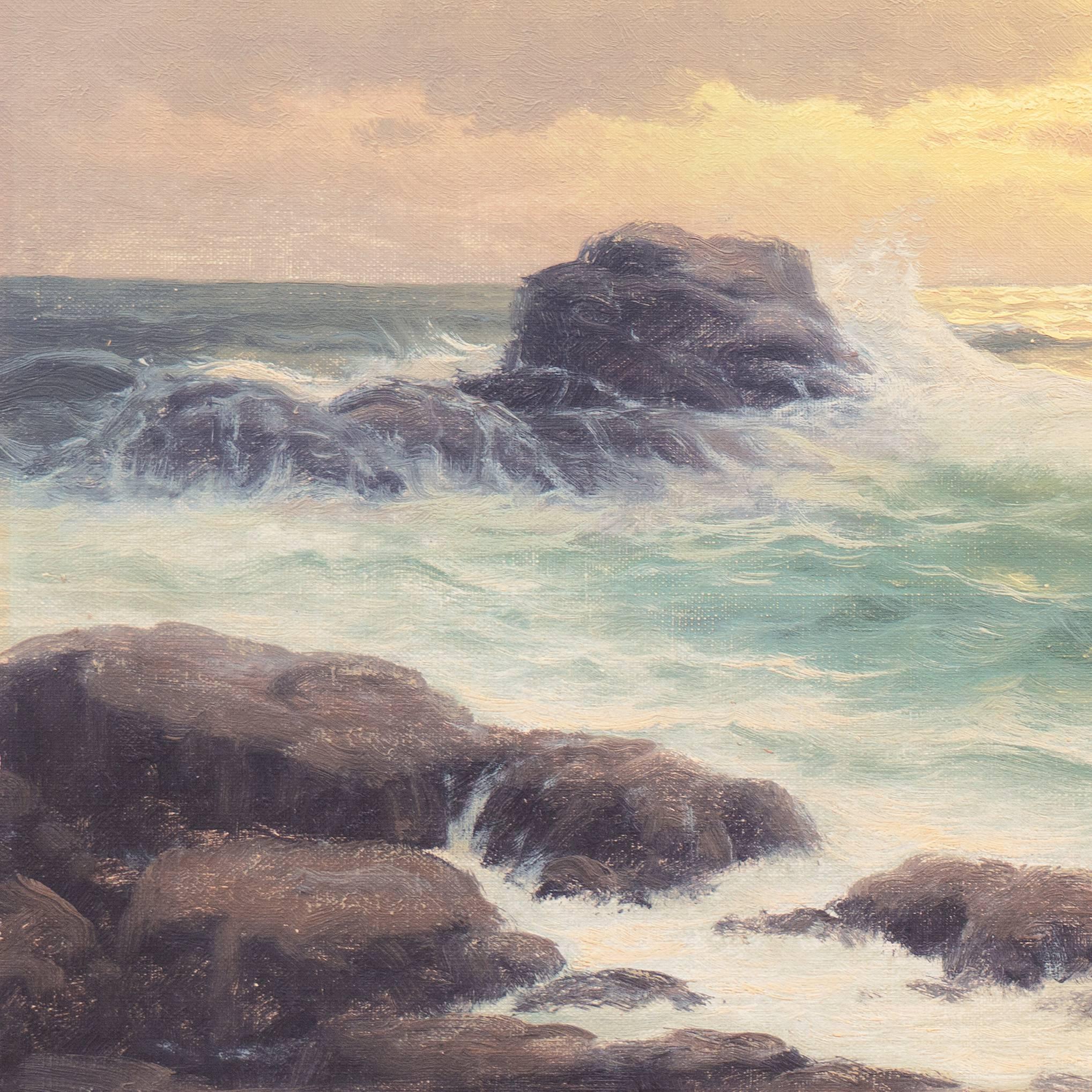 'Pacific Breakers at Sunset', Mid-century Coastal Oil - Beige Landscape Painting by Cornelius Schipper