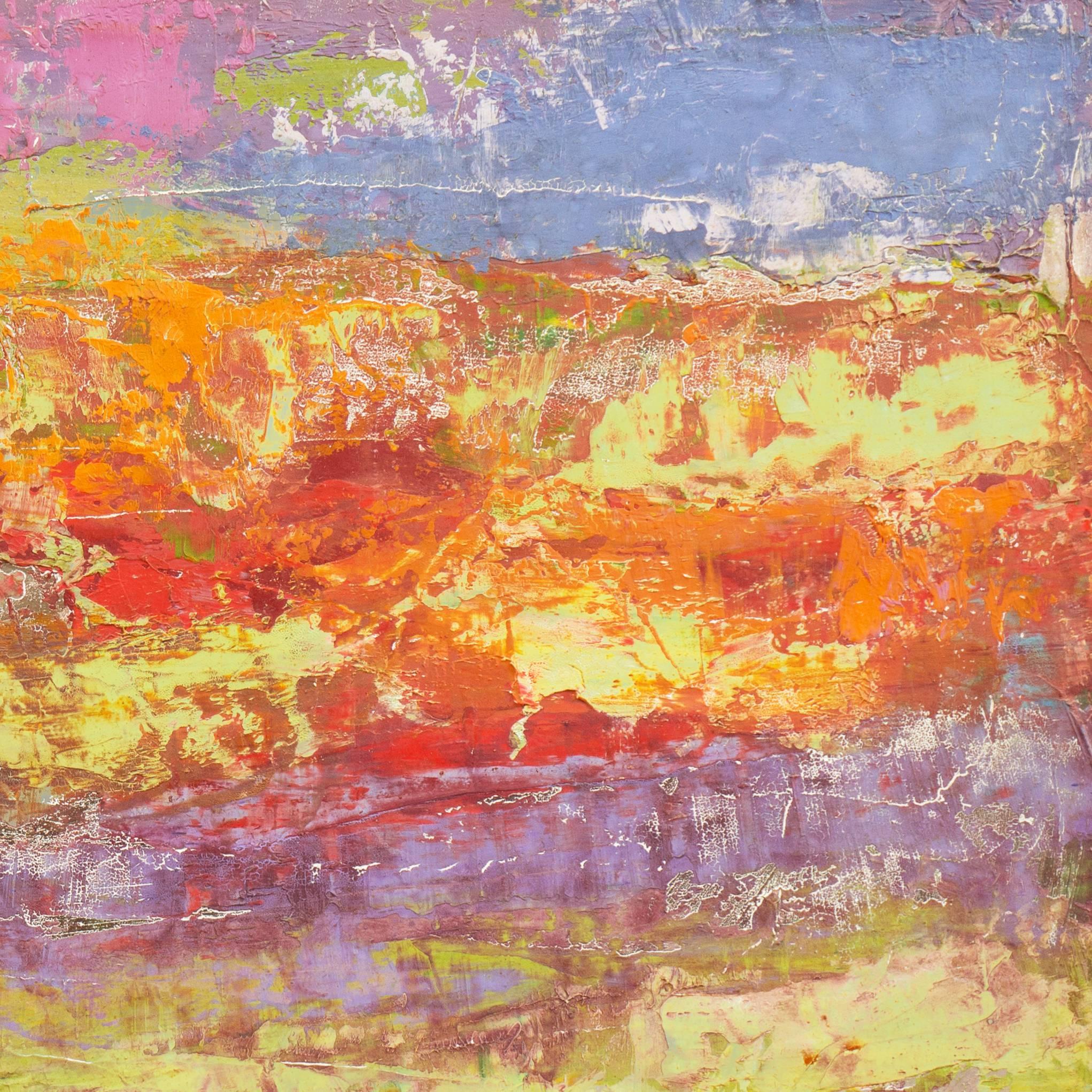 Abstracted oil landscape comprising overlapping and superimposed layers of scumbled magenta, lavender, slate blue, and gold evoking a receding landscape.

Stamped verso with Certification of Authenticity for Erwin Wending (German-American,