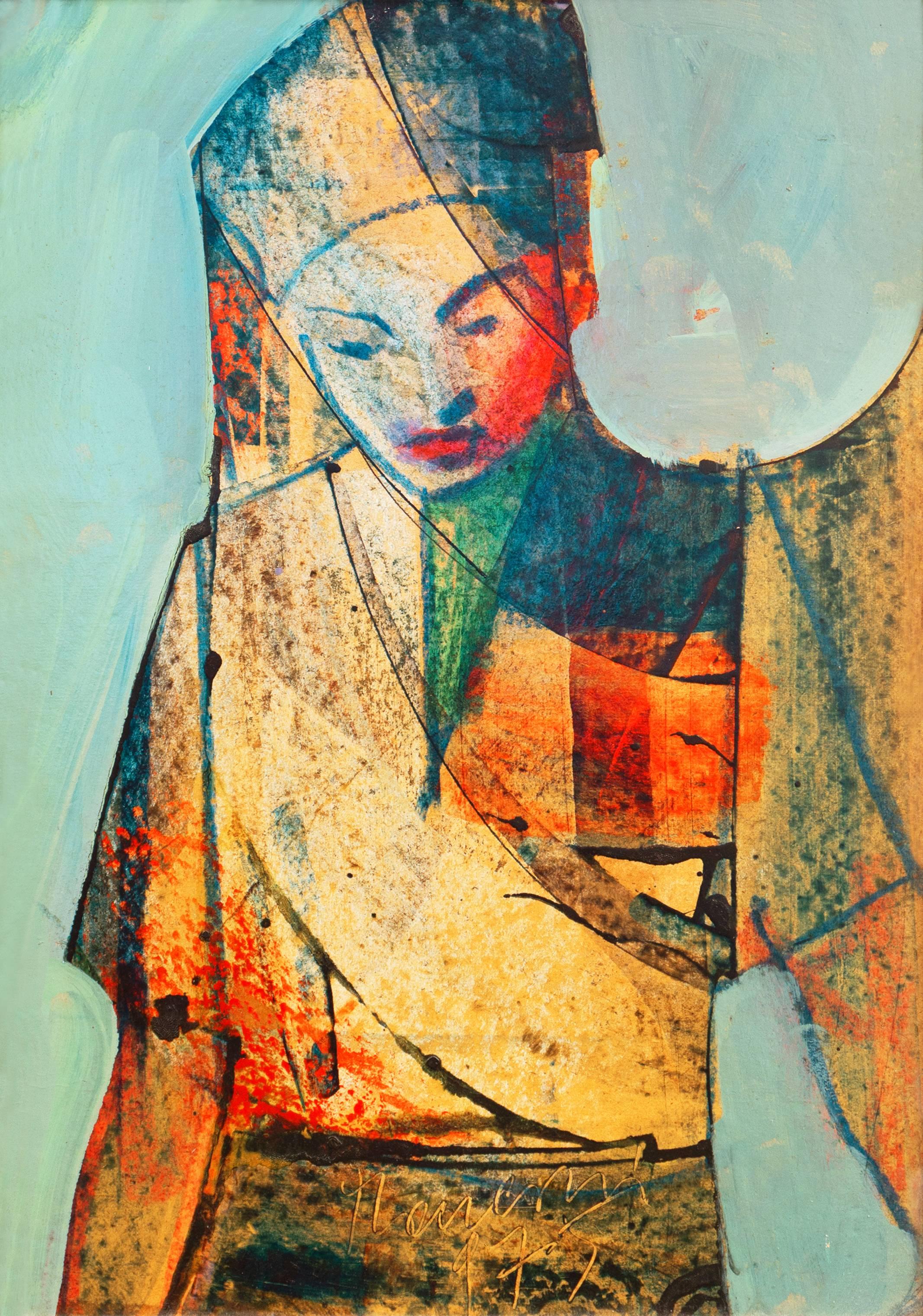 « Study of a Young Woman » (Étude d'une jeune femme), huile moderniste encadrée - Painting de Unknown