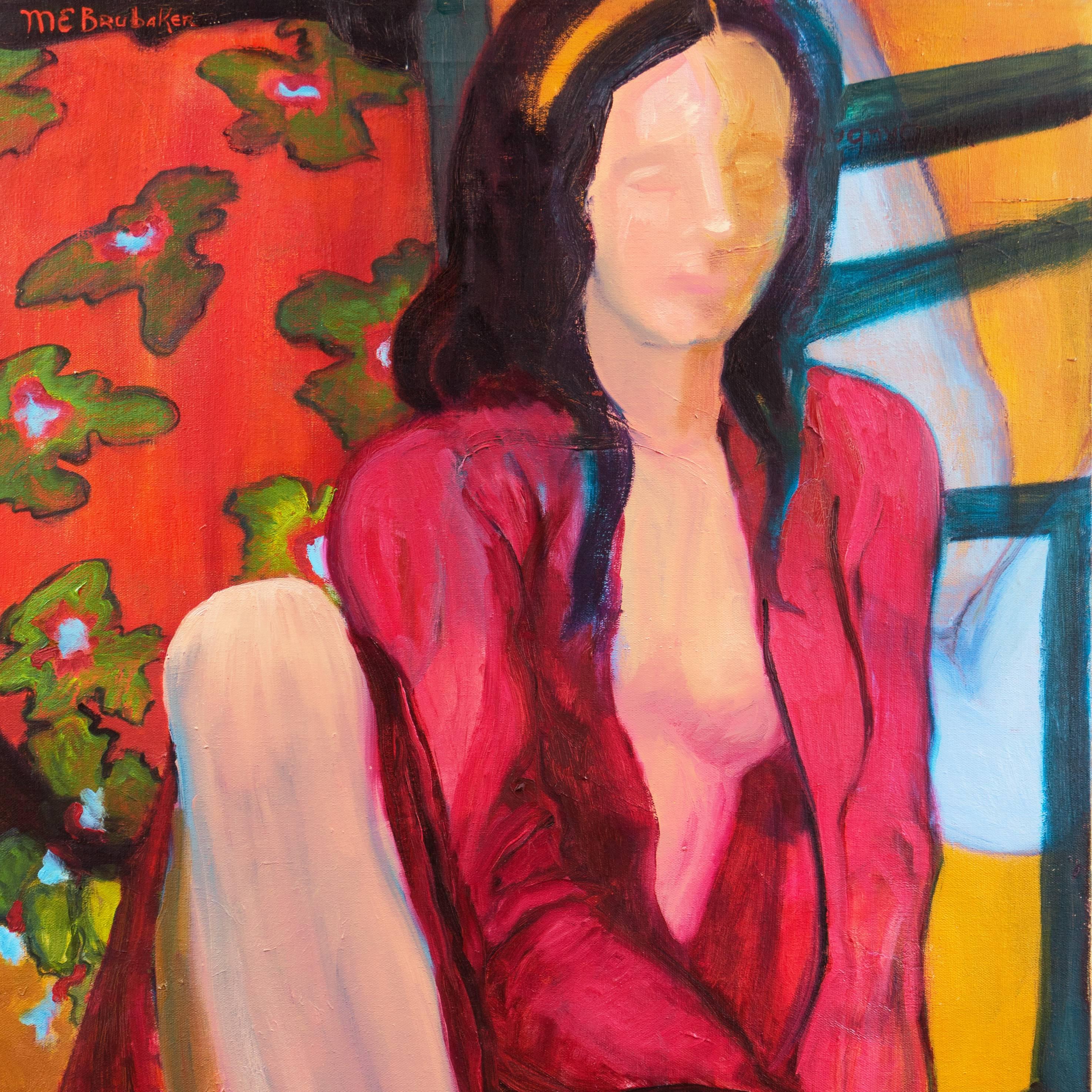Young Woman Seated in Interior - Orange Figurative Painting by Molly E. Brubaker