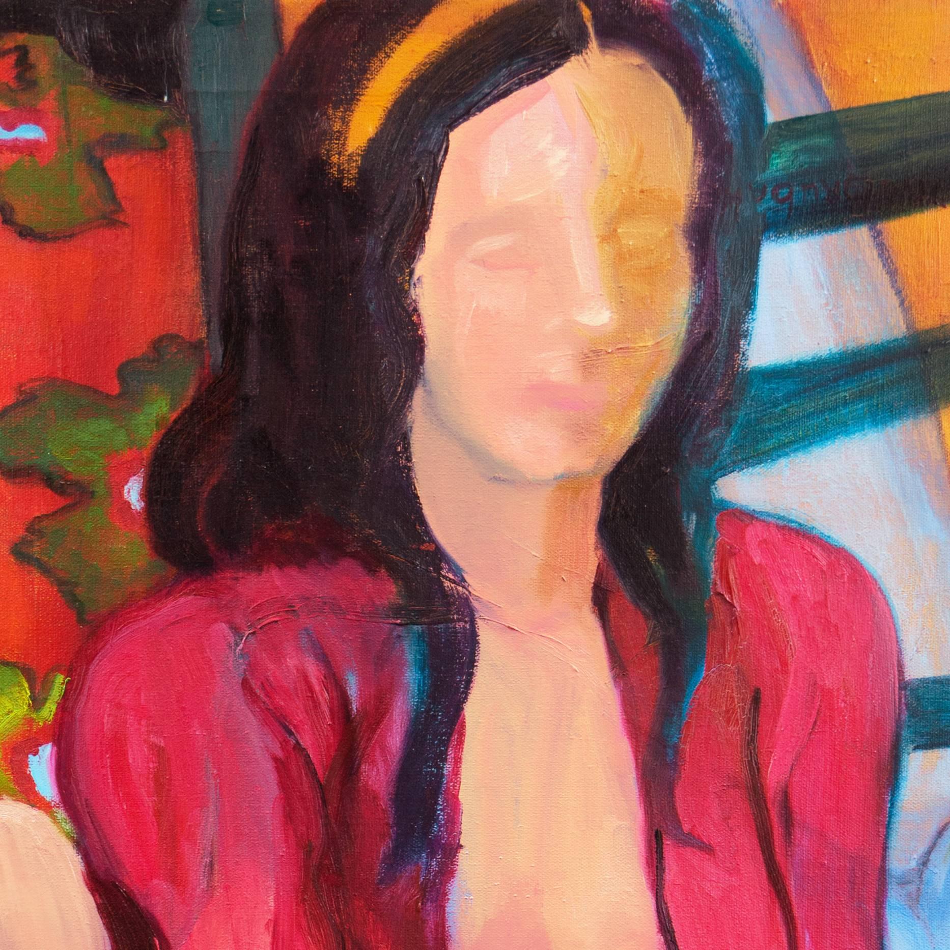 Young Woman Seated in Interior - Post-Impressionist Painting by Molly E. Brubaker