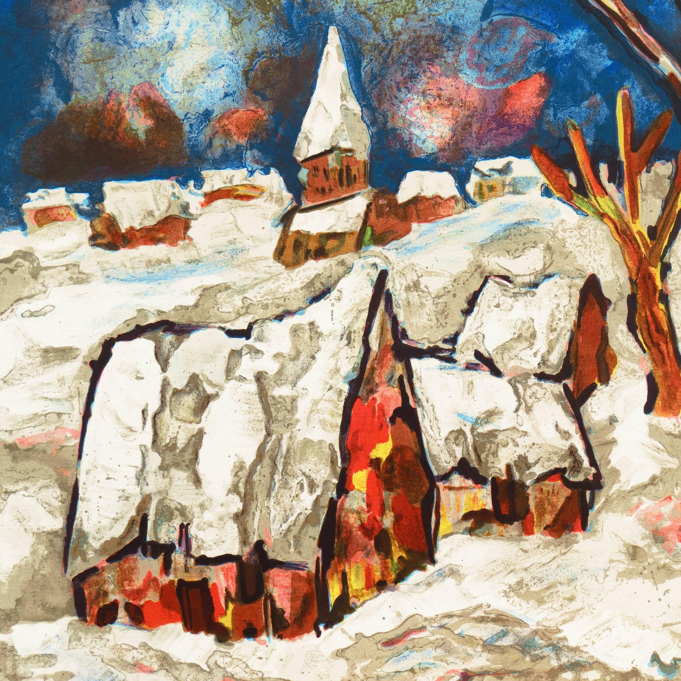 « Village couvert de neige », école post-impressionniste française de Paris - Beige Landscape Print par Henri d'Anty