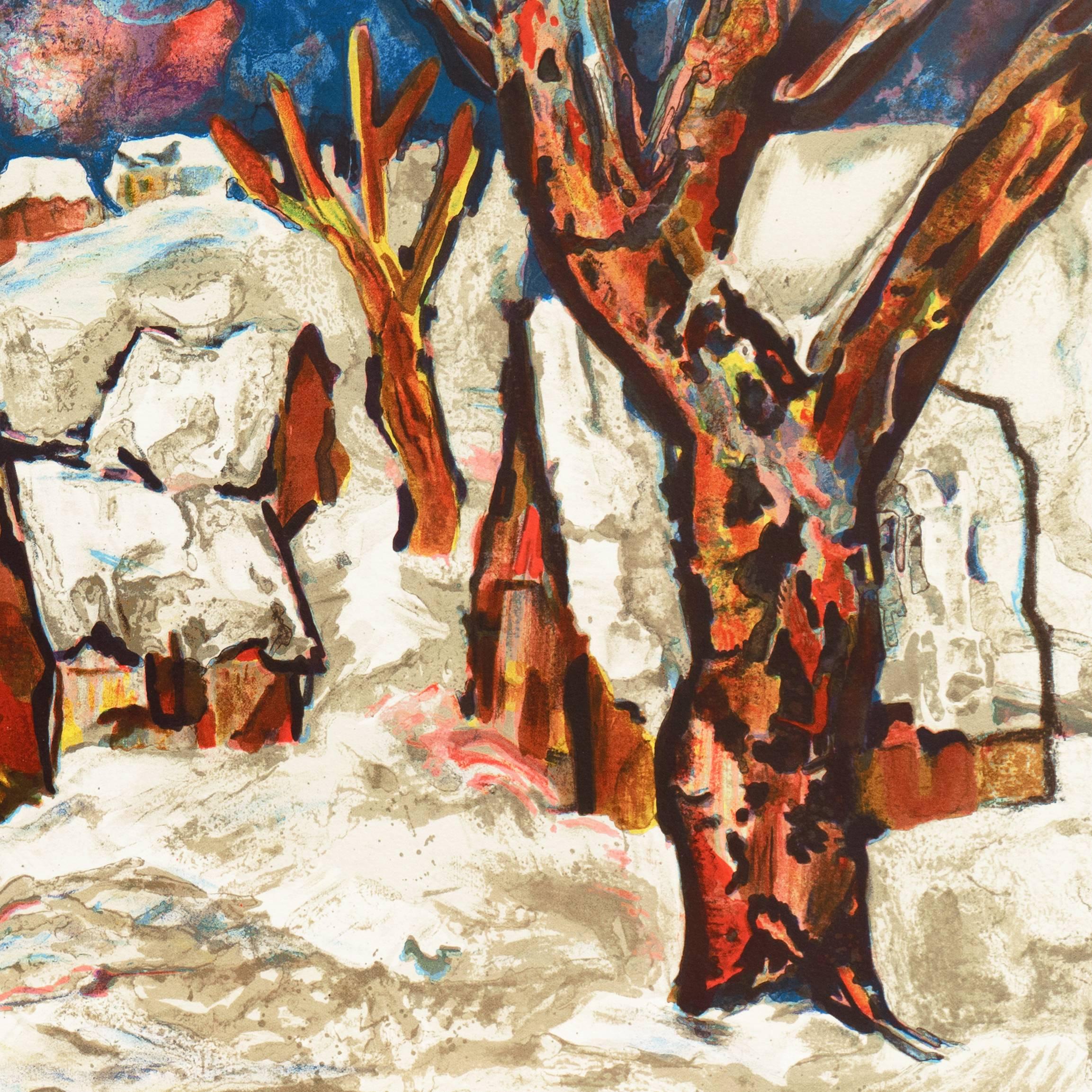 Un paysage substantiel, lithographié sur pierre, montrant une vue de maisons rustiques avec des toits à pics élevés, nichées entre des arbres et couvertes de neige, avec une église et un village au-delà et un ciel bleu cobalt au-dessus.

Signé en