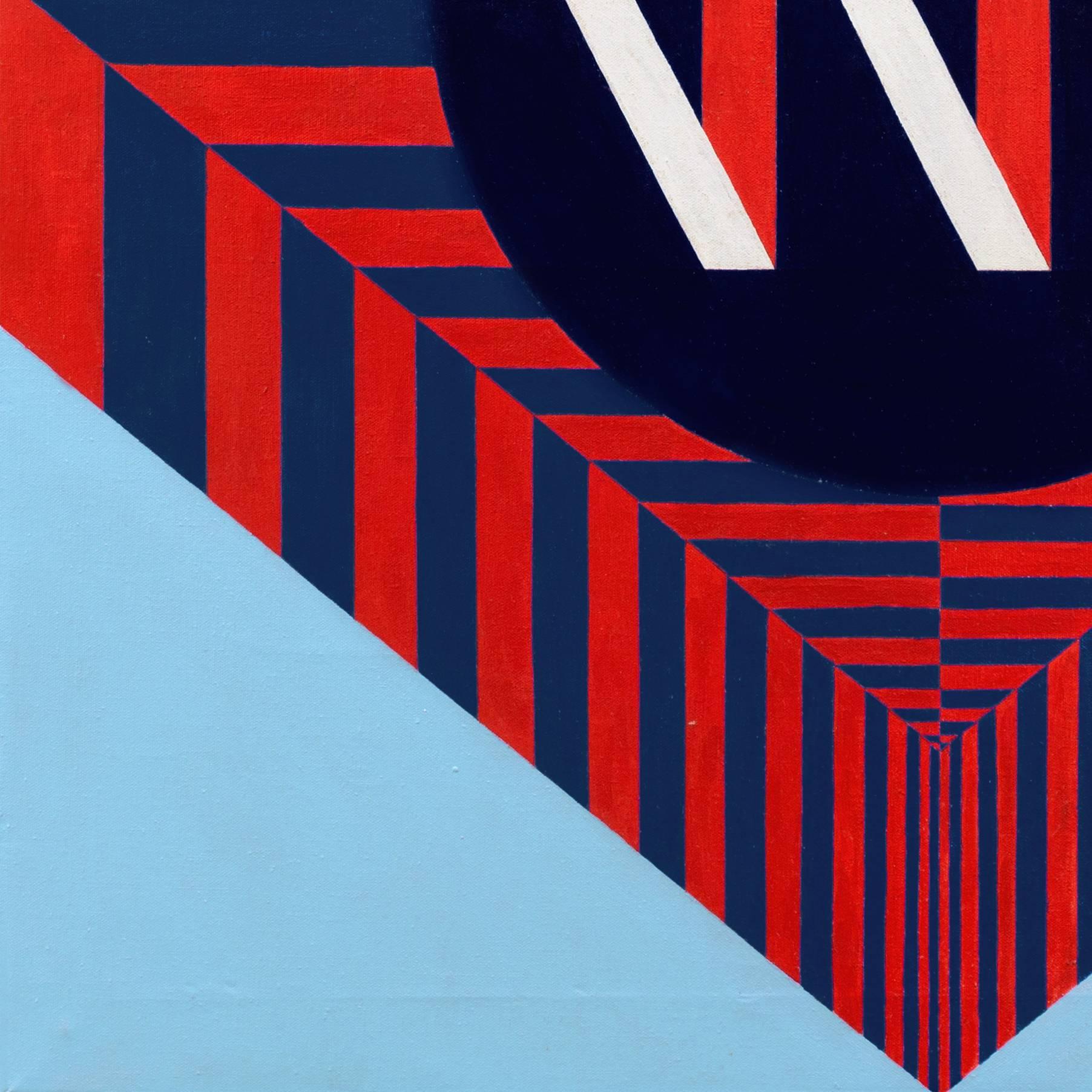 American School, Pop Art oil on canvas, unsigned and painted circa 1970.

A substantial and period, geometric Pop-Art abstract comprising red, white, and navy linear elements contrasted against a sky-blue field, with rows of white stars against a