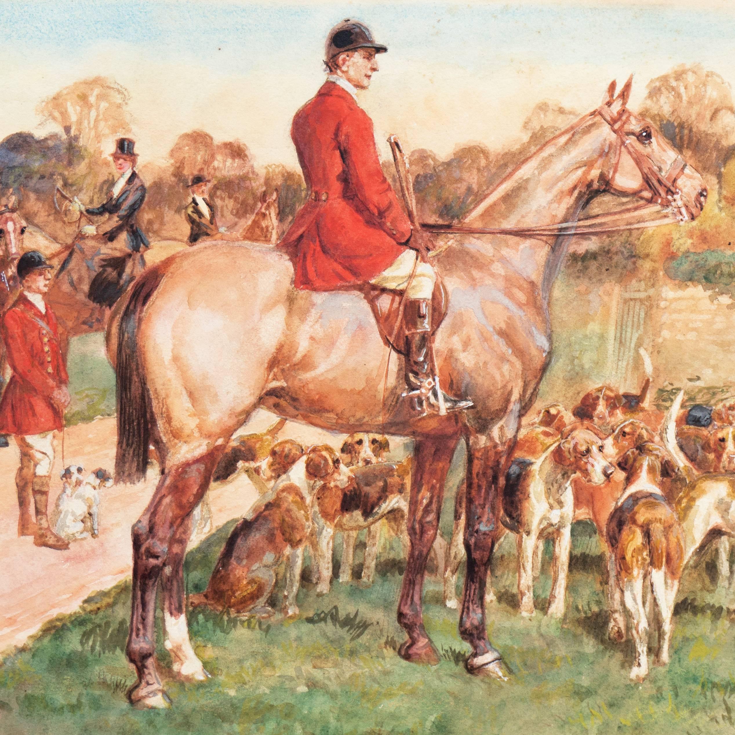 « The Meet », chasse au renard de l'époque édouardienne, aquarelle équestre anglaise, chevaux et aigle - Beige Figurative Art par Thomas Ivester Lloyd