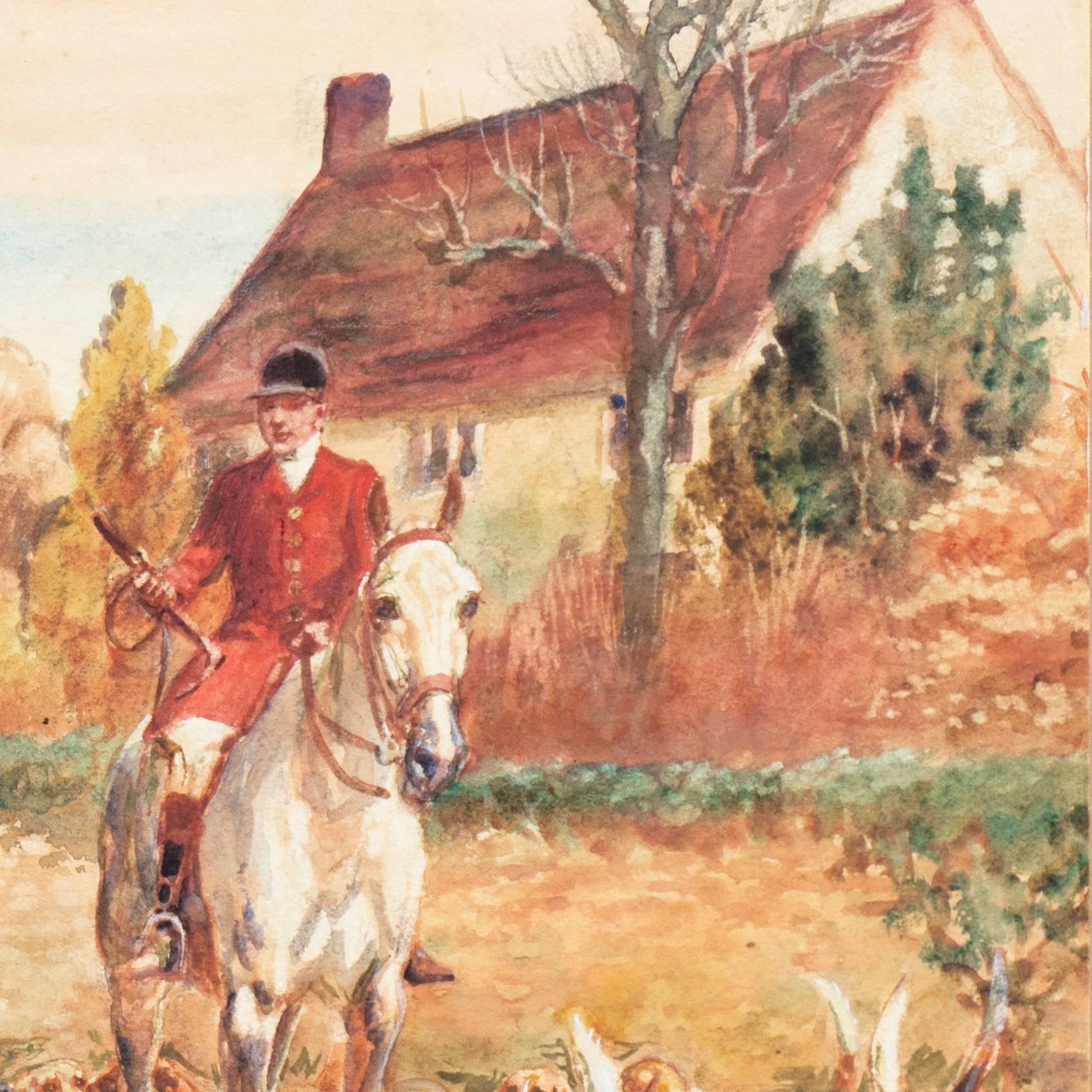 « The Meet », chasse au renard de l'époque édouardienne, aquarelle équestre anglaise, chevaux et aigle en vente 1