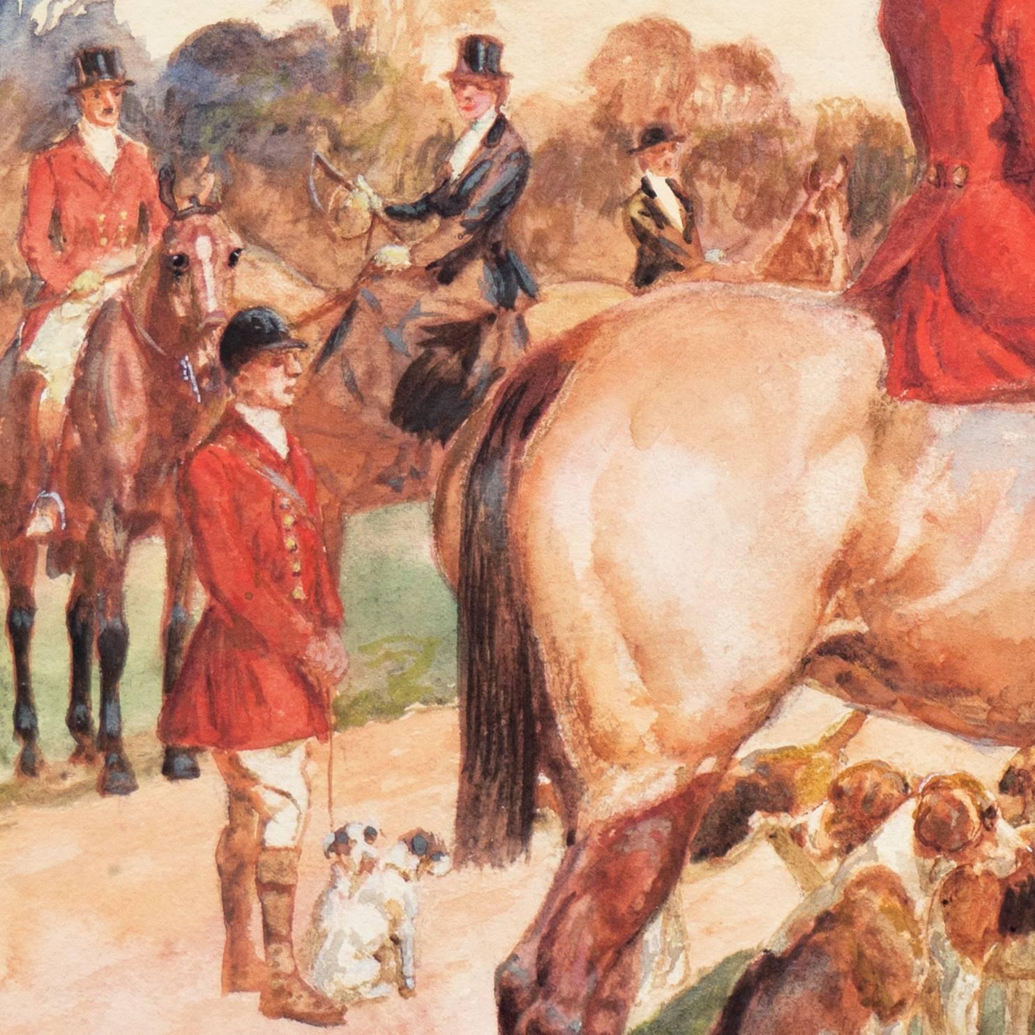 'The Meet', English Edwardian Fox Hunting, Equestrian Watercolor, Horses, Beagle - Beige Figurative Art by Thomas Ivester Lloyd