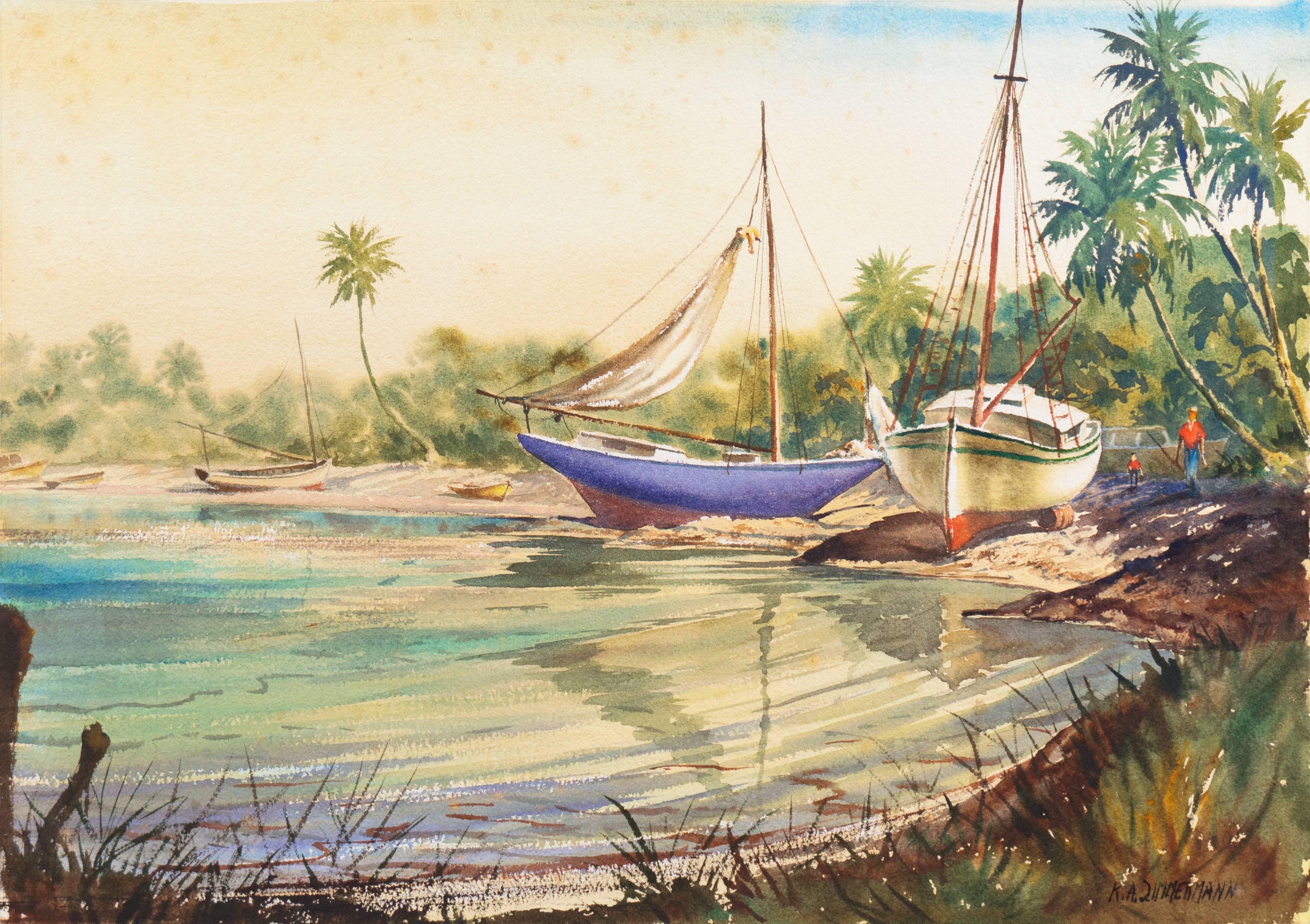 Kaspar-Andreas Zimmermann Landscape Art - 'Sailboats Drawn up in a Tropical Inlet', Florida